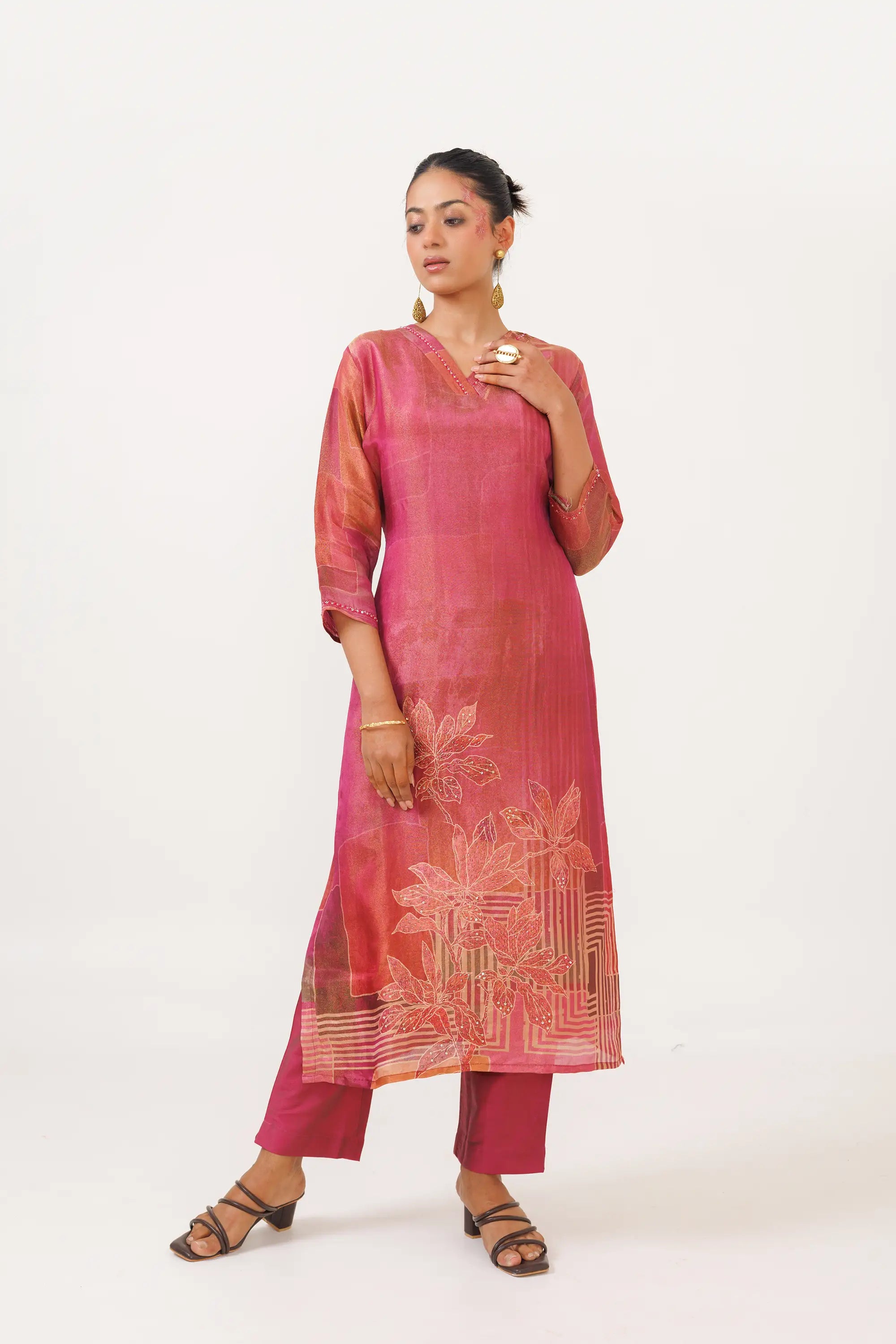 Dark Pink Soft Tissue Kurta Set with subtle print Design