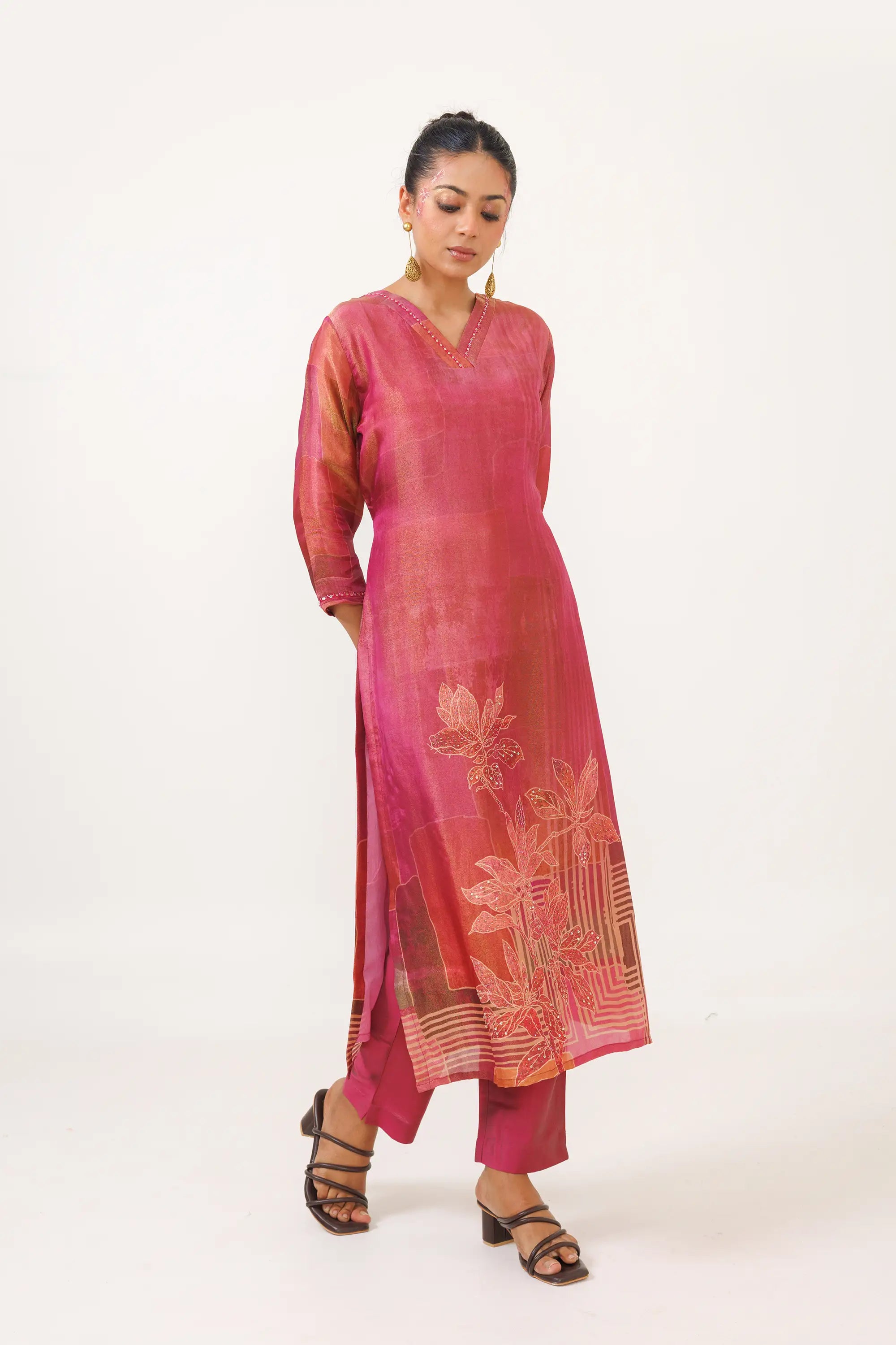 Dark Pink Soft Tissue Kurta Set with subtle print Design