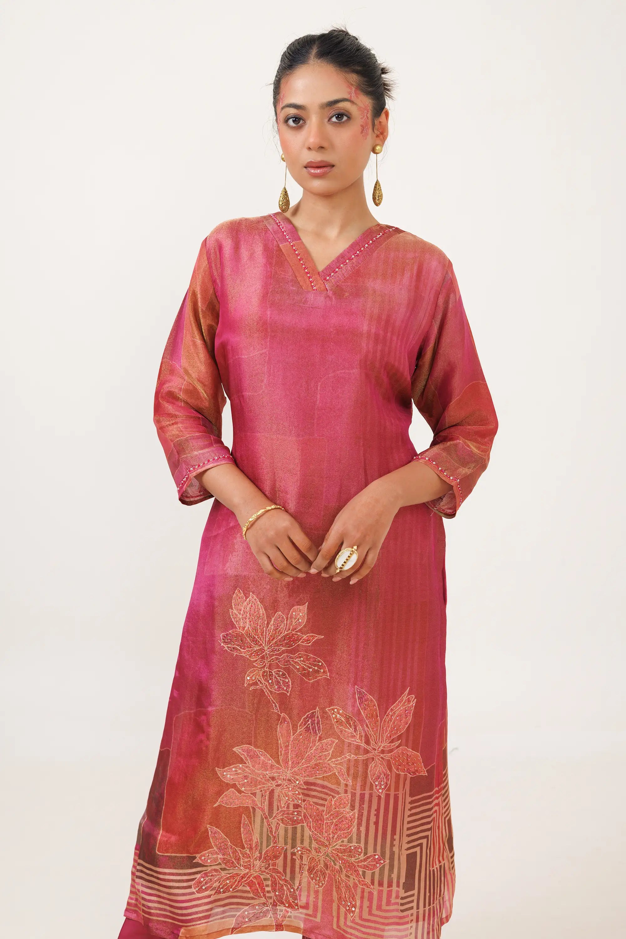 Dark Pink Soft Tissue Kurta Set with subtle print Design