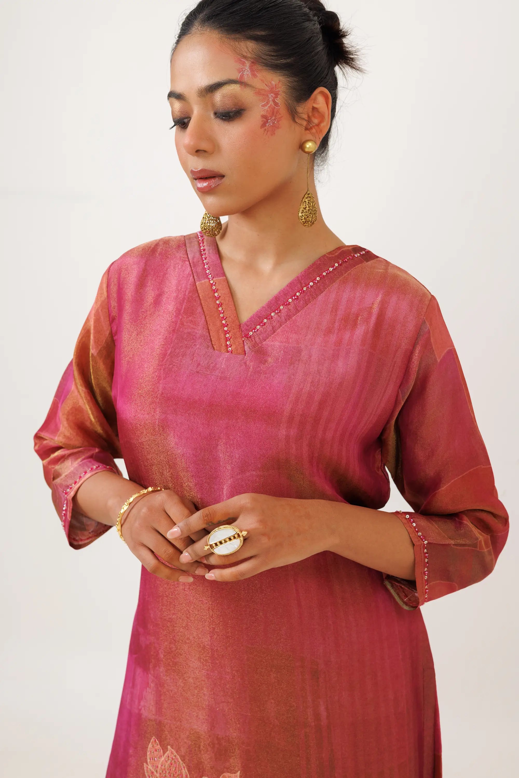 Dark Pink Soft Tissue Kurta Set with subtle print Design