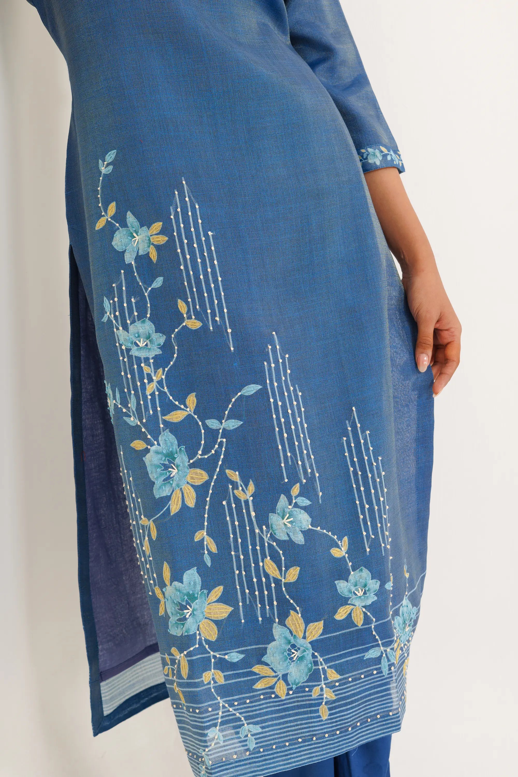 Blue Linen Tissue embroidered Kurta Set