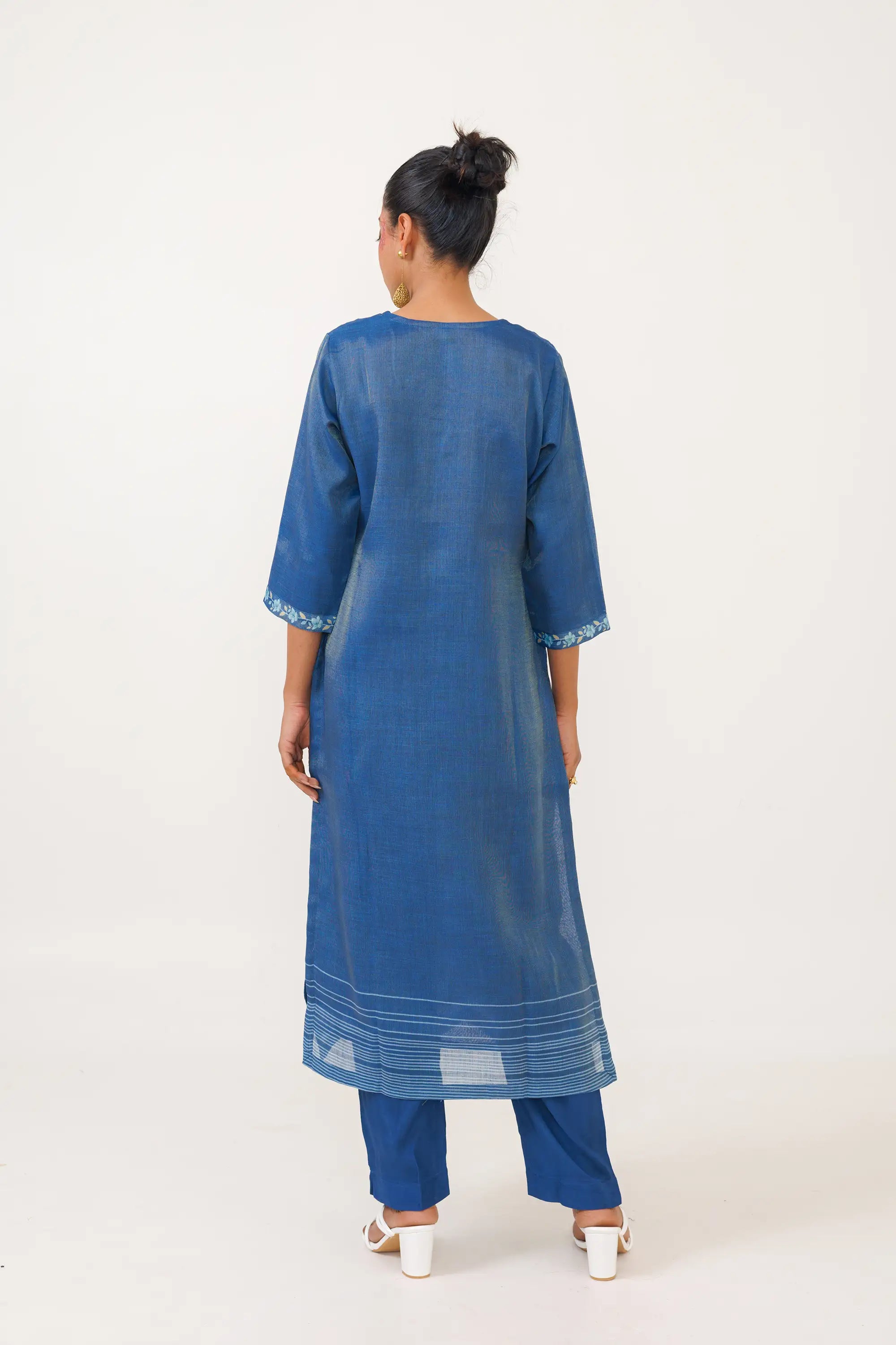 Blue Linen Tissue embroidered Kurta Set