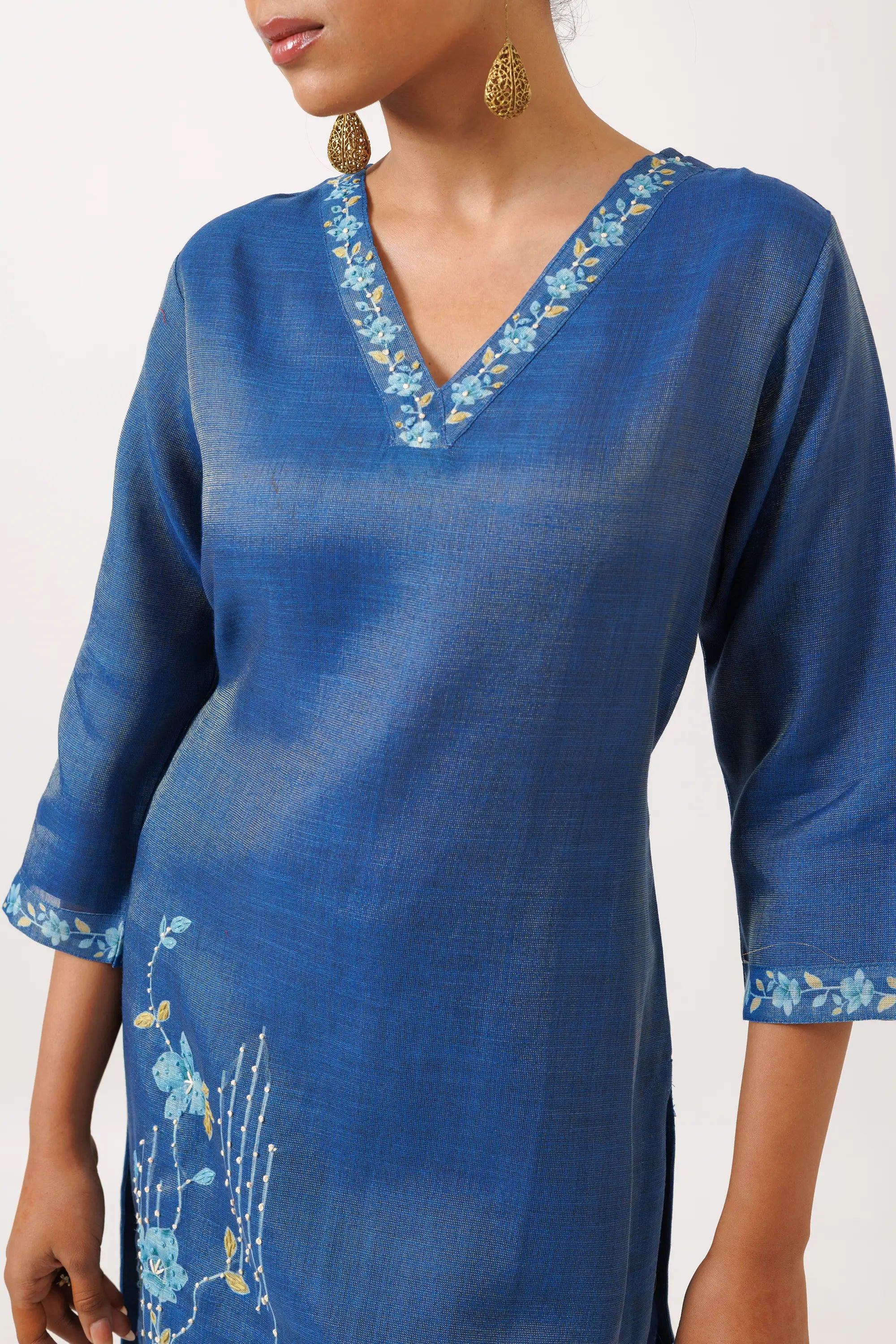 Blue Linen Tissue embroidered Kurta Set