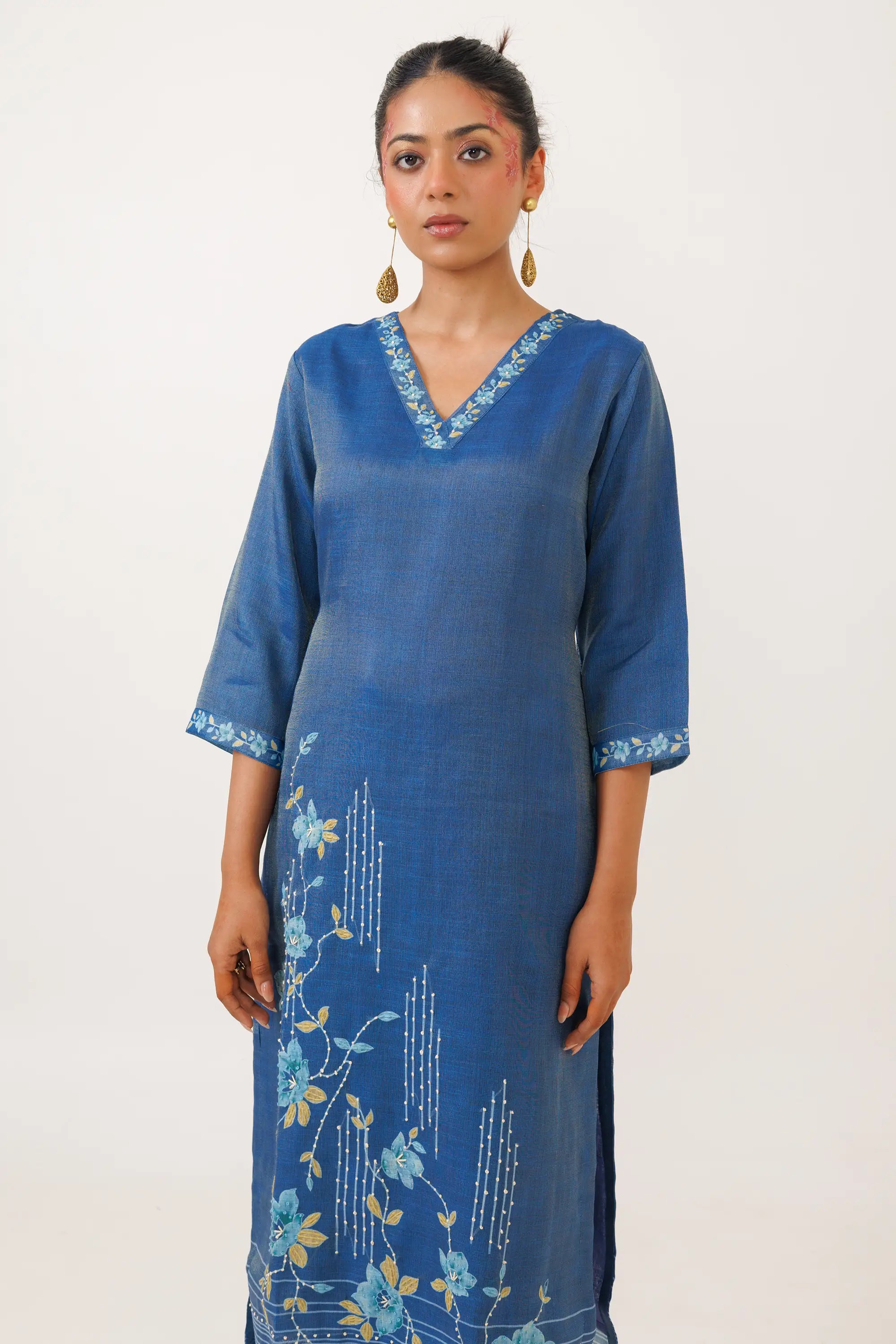 Blue Linen Tissue embroidered Kurta Set