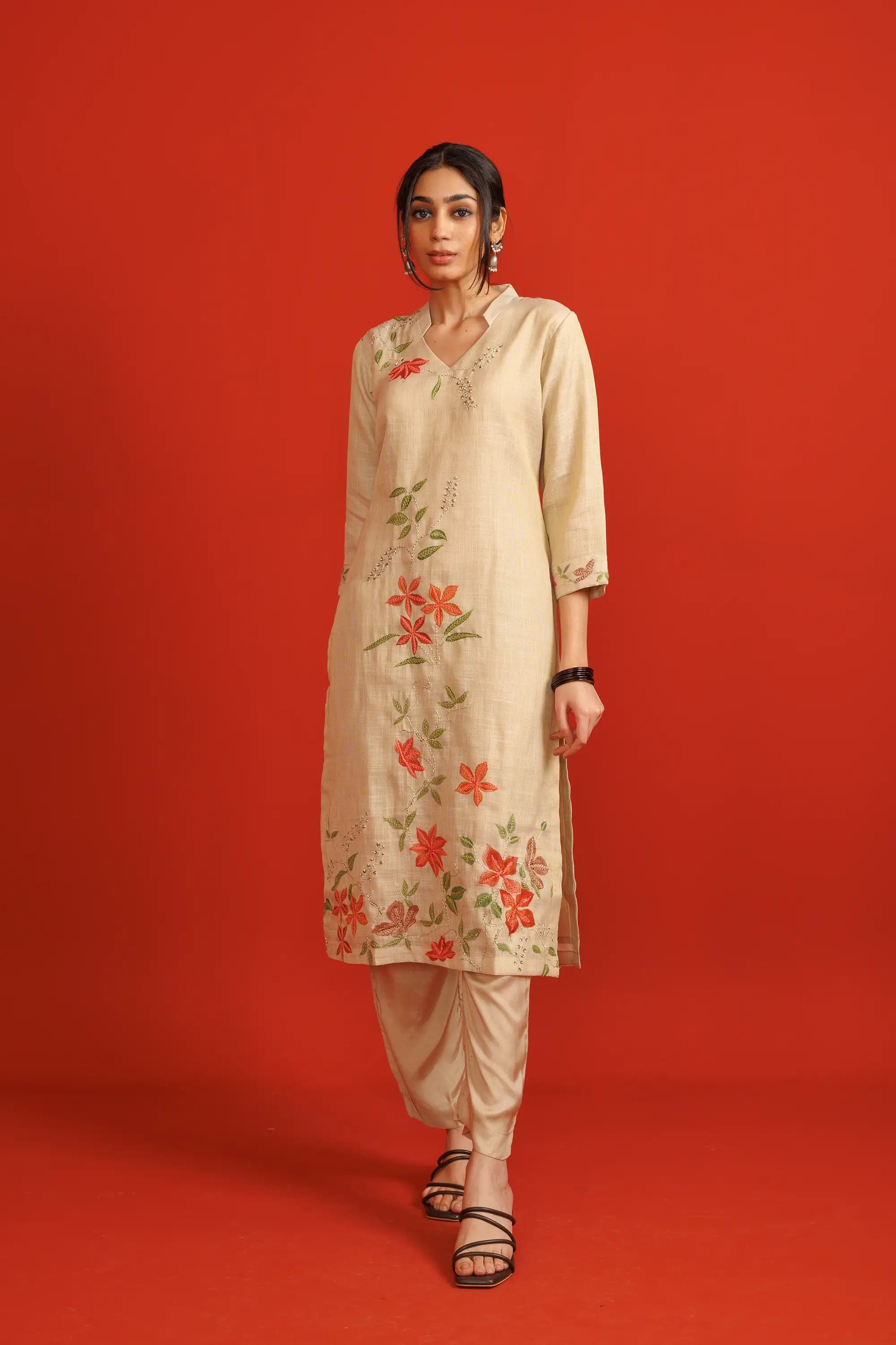 Beige Linen Silk Flower Print Co-Ord Set