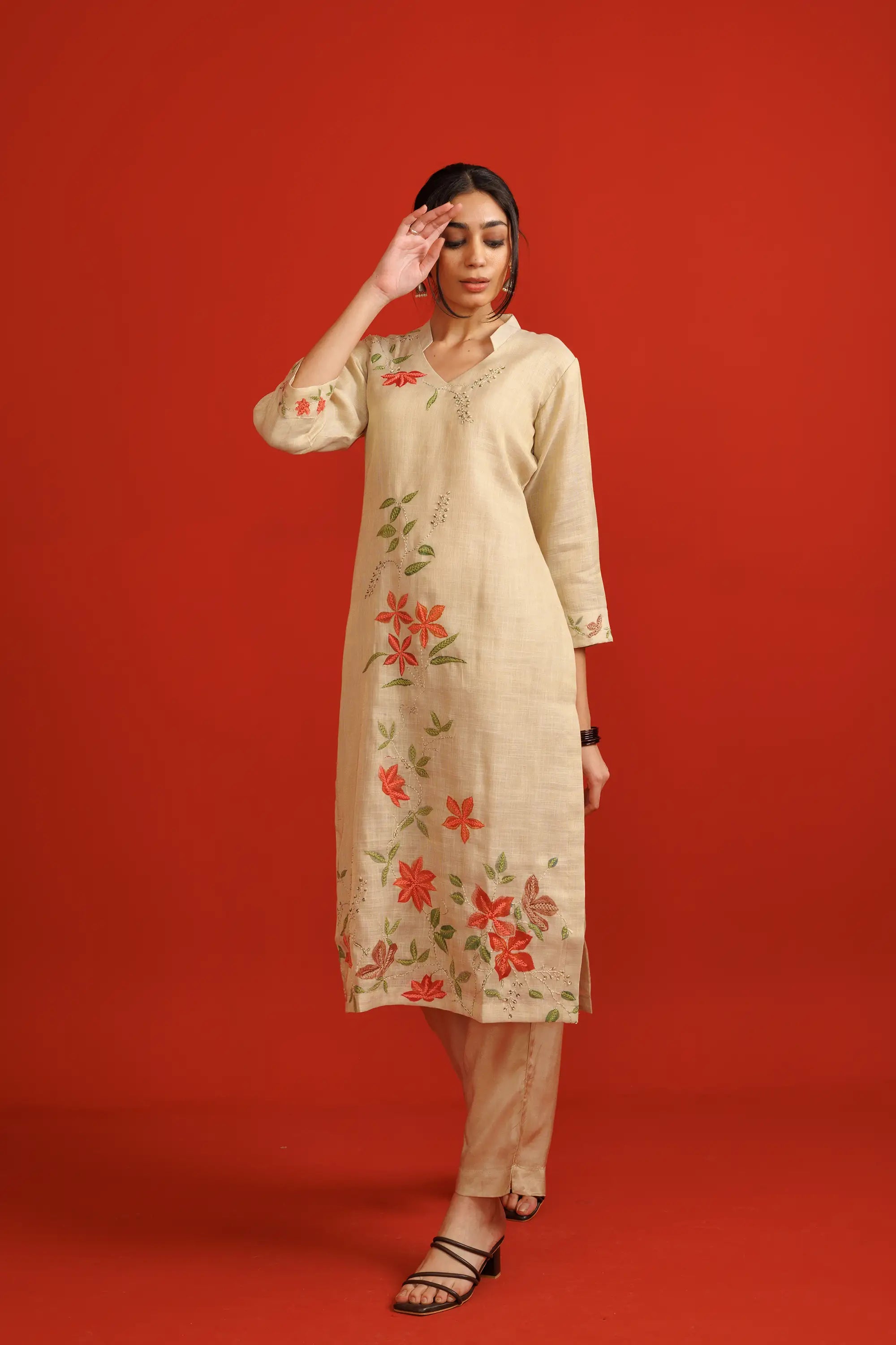 Beige Linen Silk Flower Print Co-Ord Set