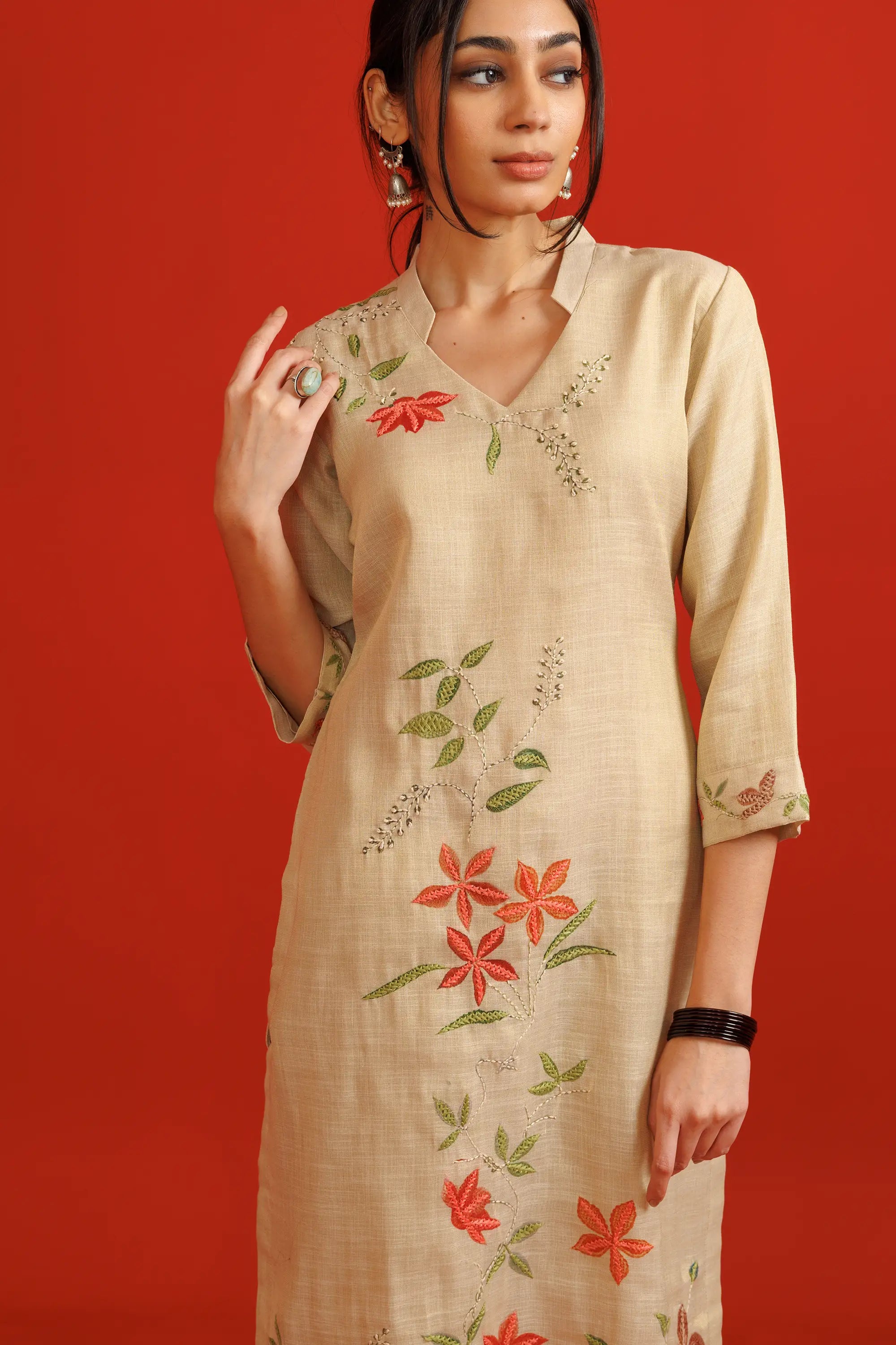 Beige Linen Silk Flower Print Co-Ord Set