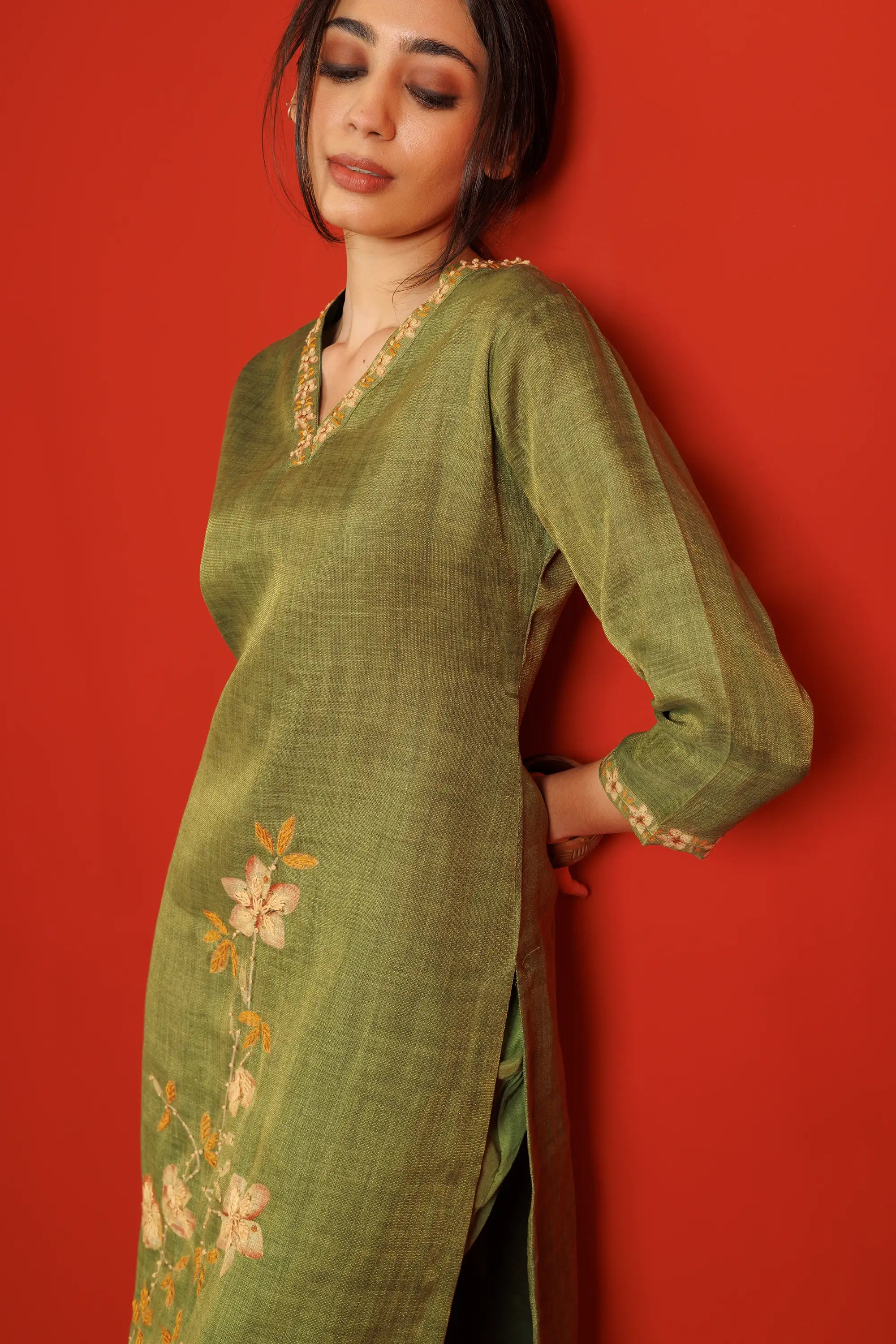 Olive Green Linen Tissue Flower Motif Kurta Set