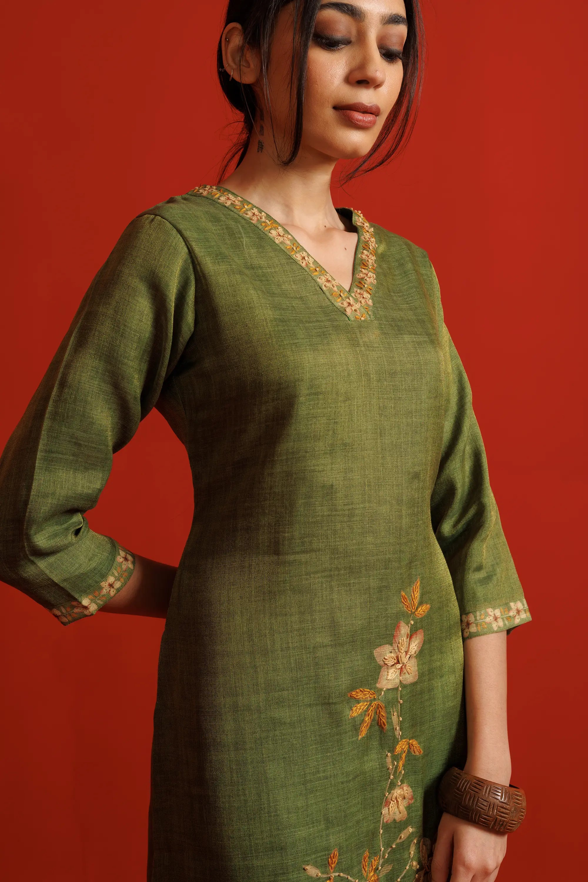 Olive Green Linen Tissue Flower Motif Kurta Set