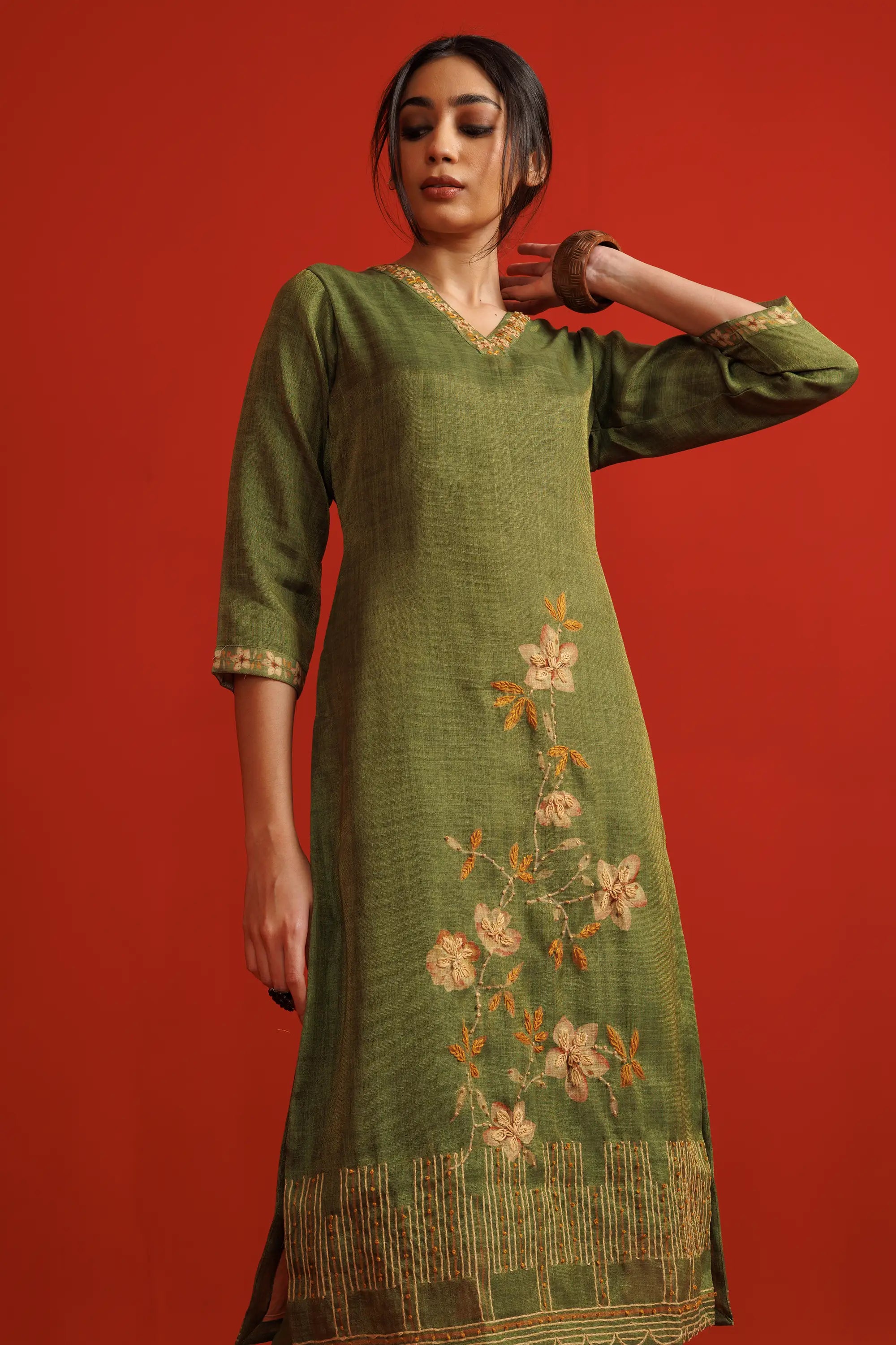 Olive Green Linen Tissue Flower Motif Kurta Set