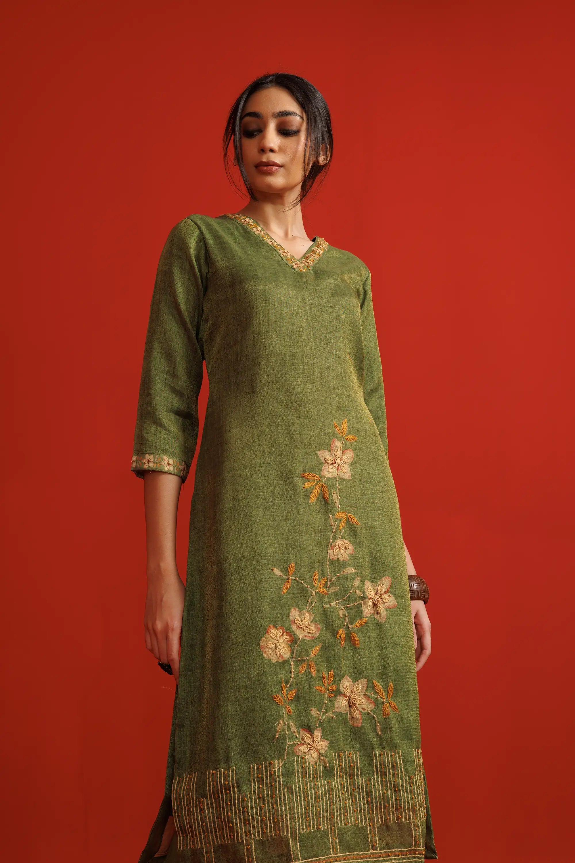 Olive Green Linen Tissue Flower Motif Kurta Set