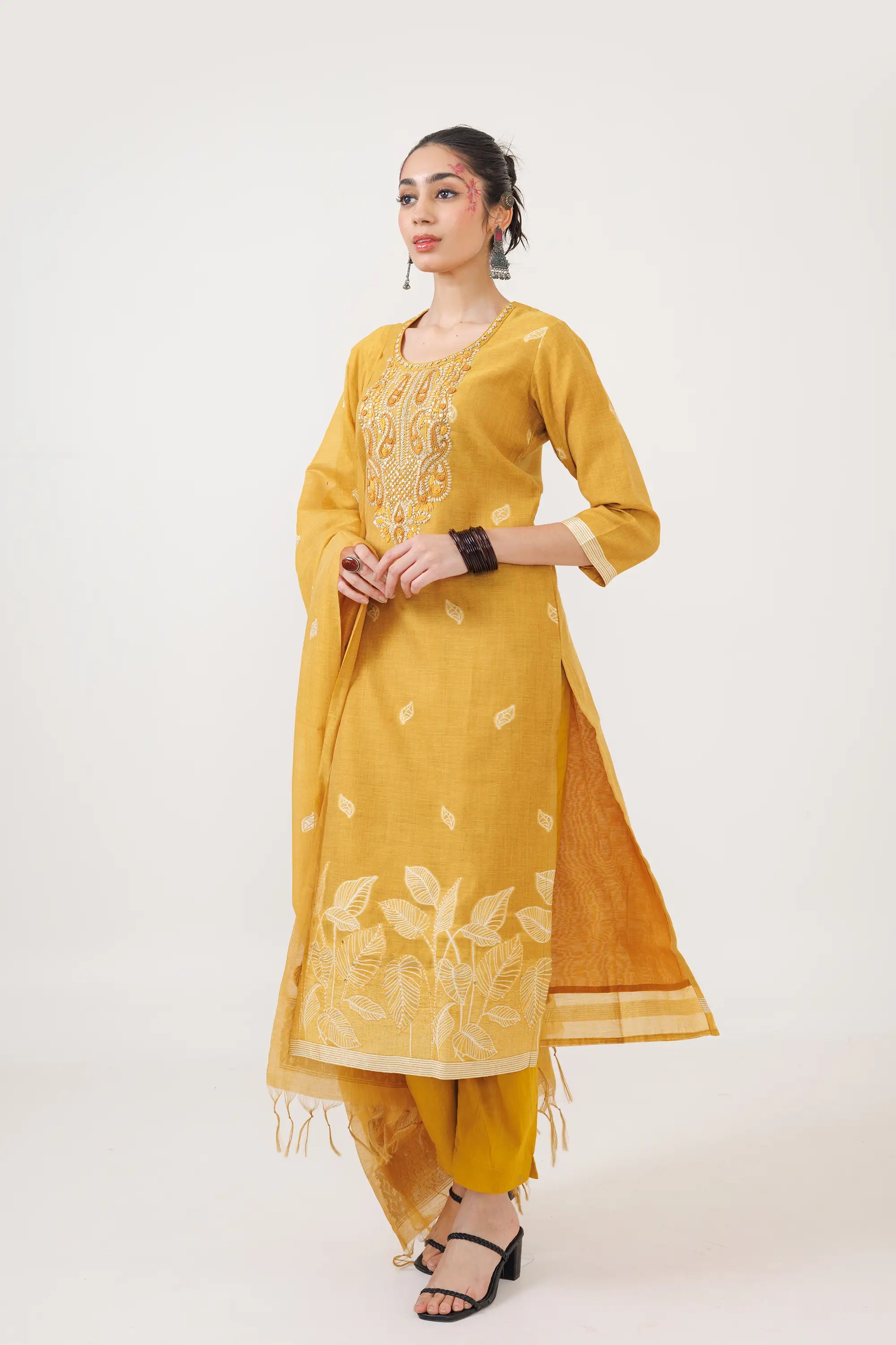 Sand Yellow Petal Work Kurta Suit Set