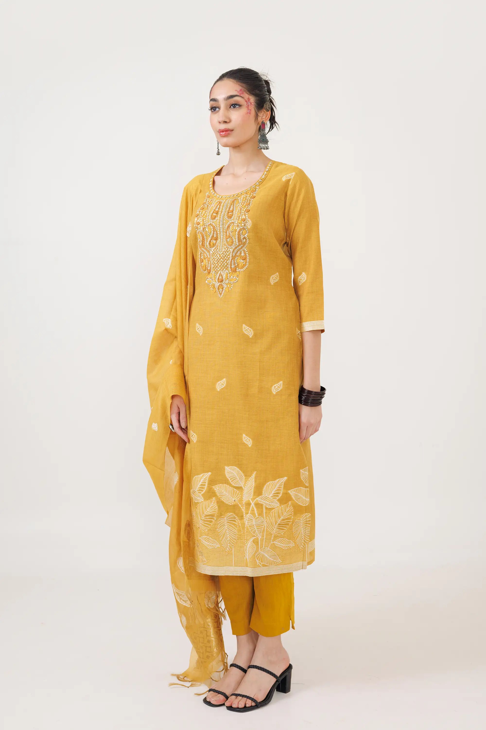 Sand Yellow Petal Work Kurta Suit Set