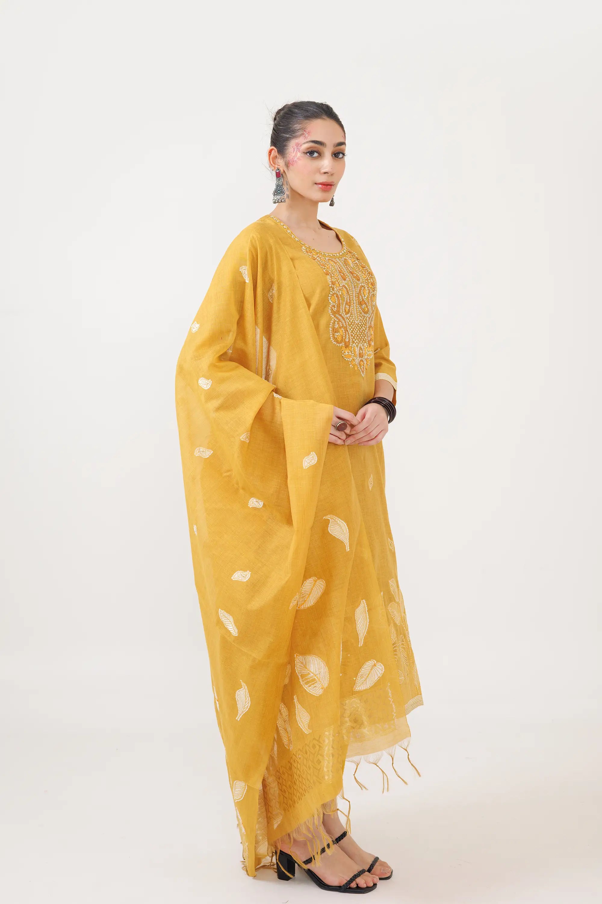 Sand Yellow Petal Work Kurta Suit Set