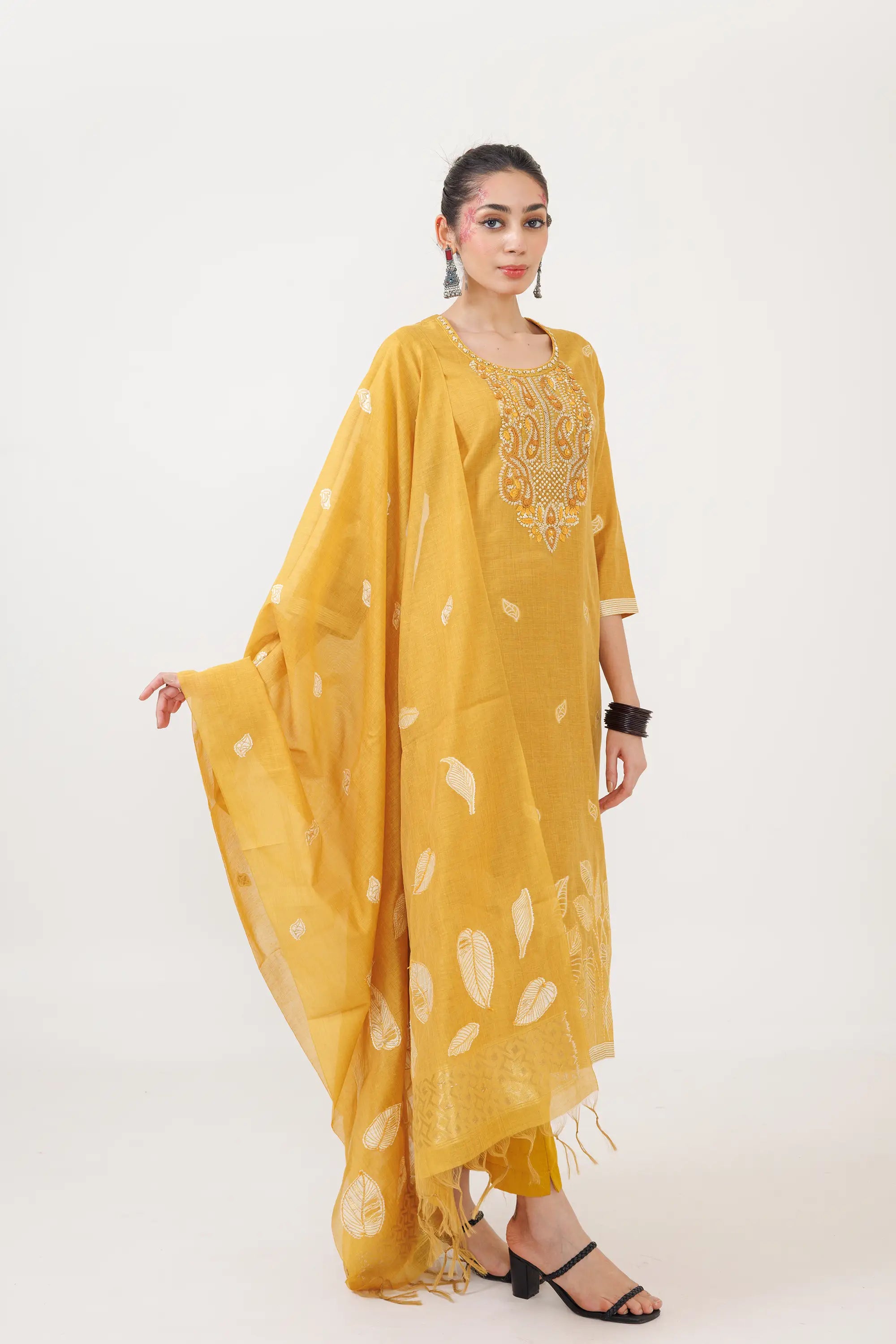 Sand Yellow Petal Work Kurta Suit Set