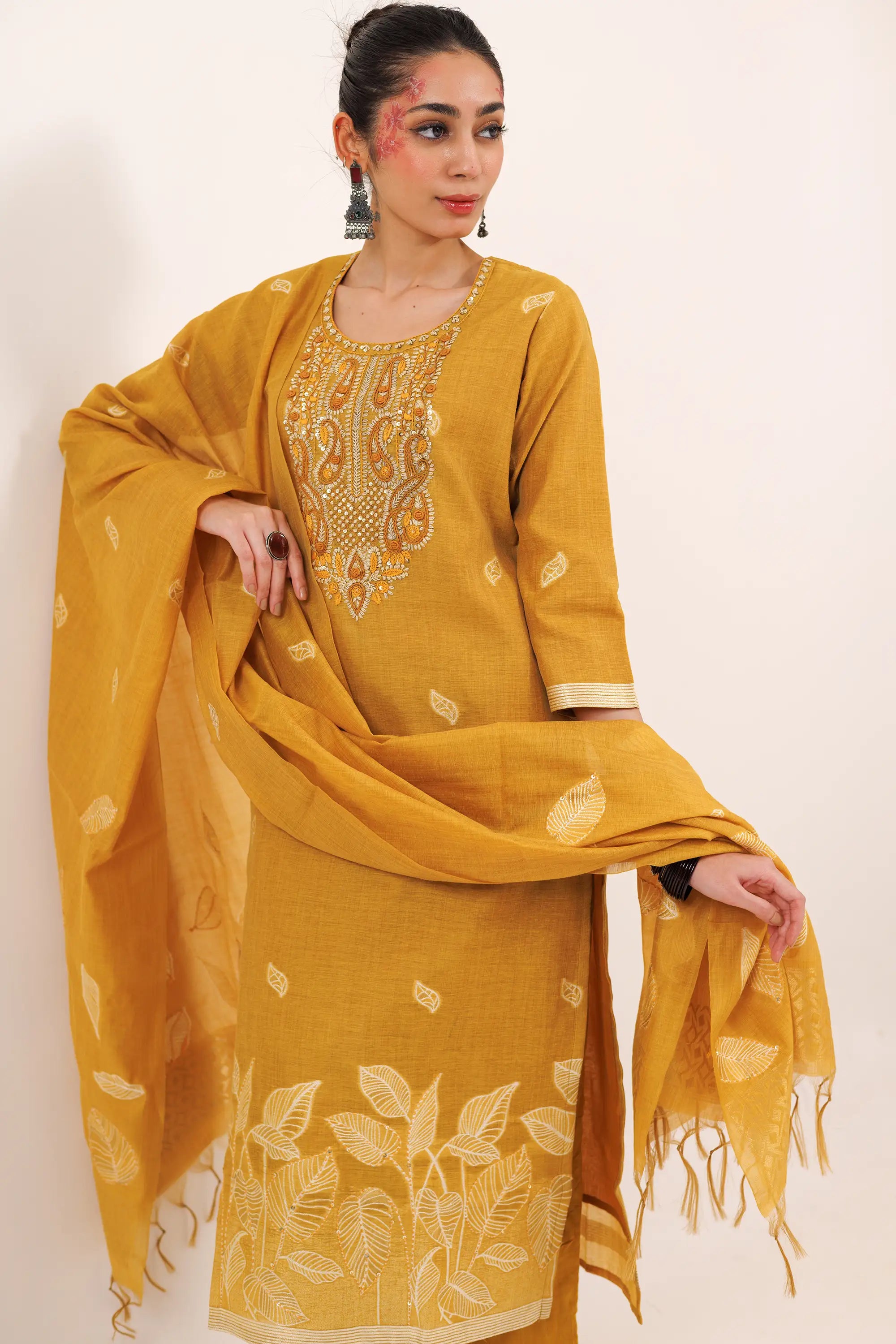 Sand Yellow Petal Work Kurta Suit Set