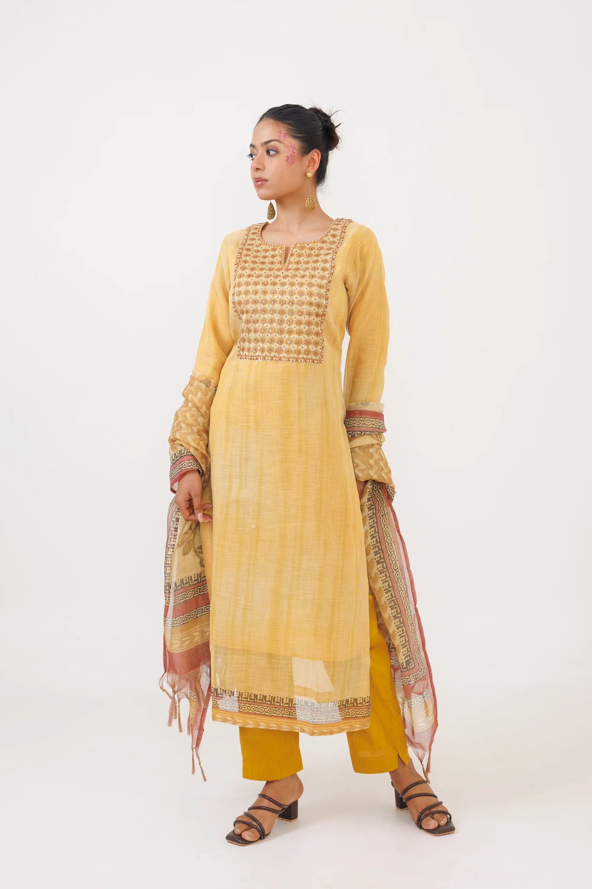 Mustard Yellow Linen Tissue Kurta Suit Set