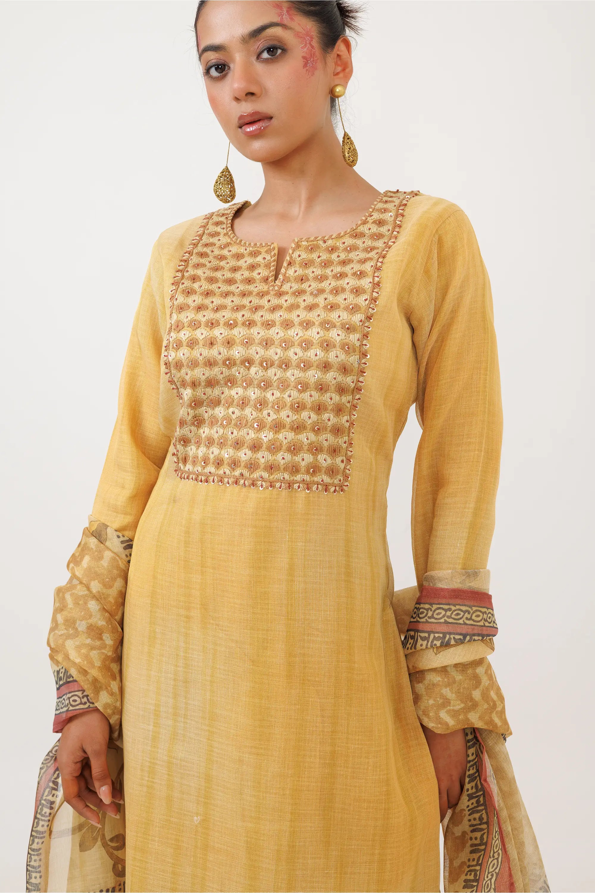 Mustard Yellow Linen Tissue Kurta Suit Set