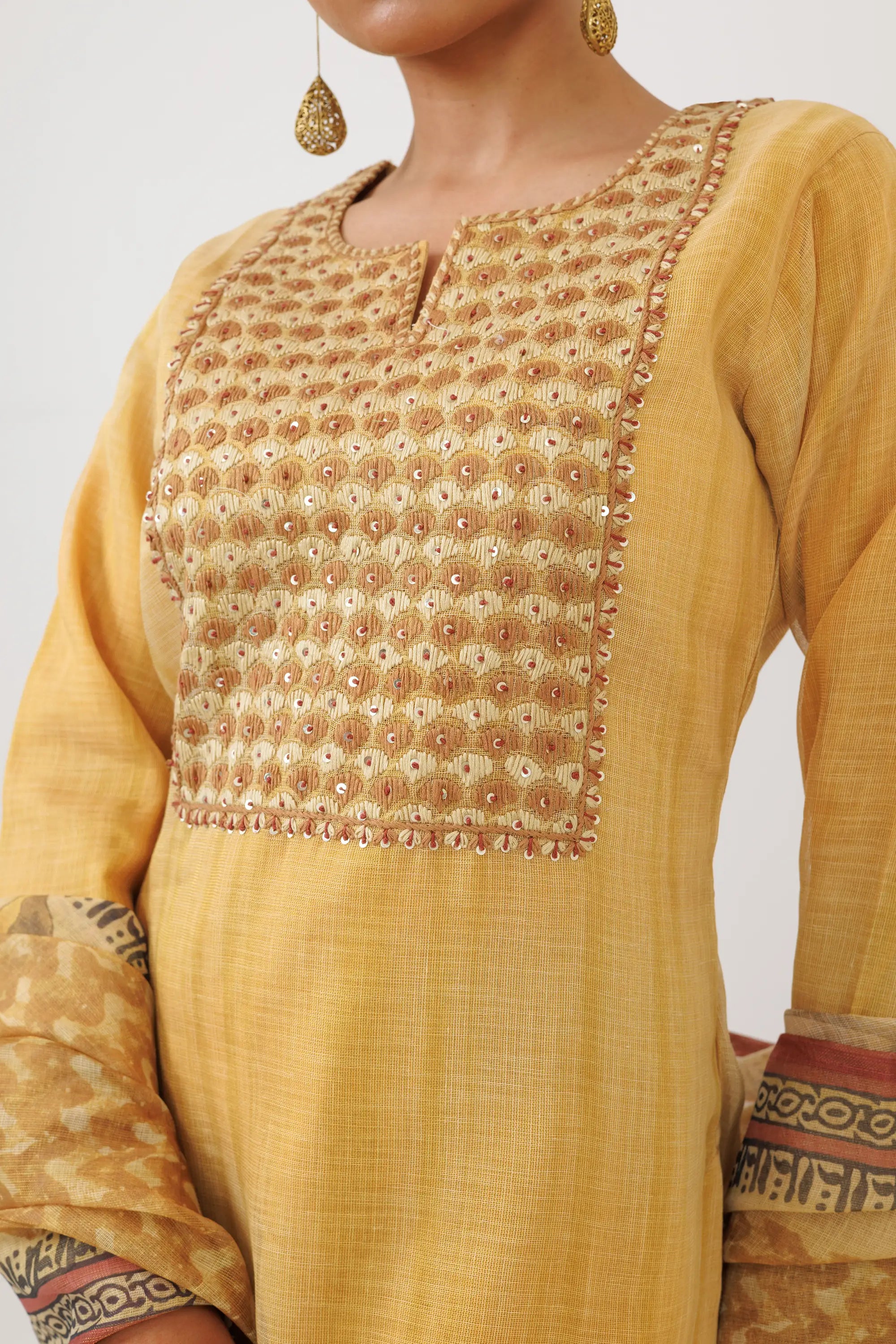 Mustard Yellow Linen Tissue Kurta Suit Set