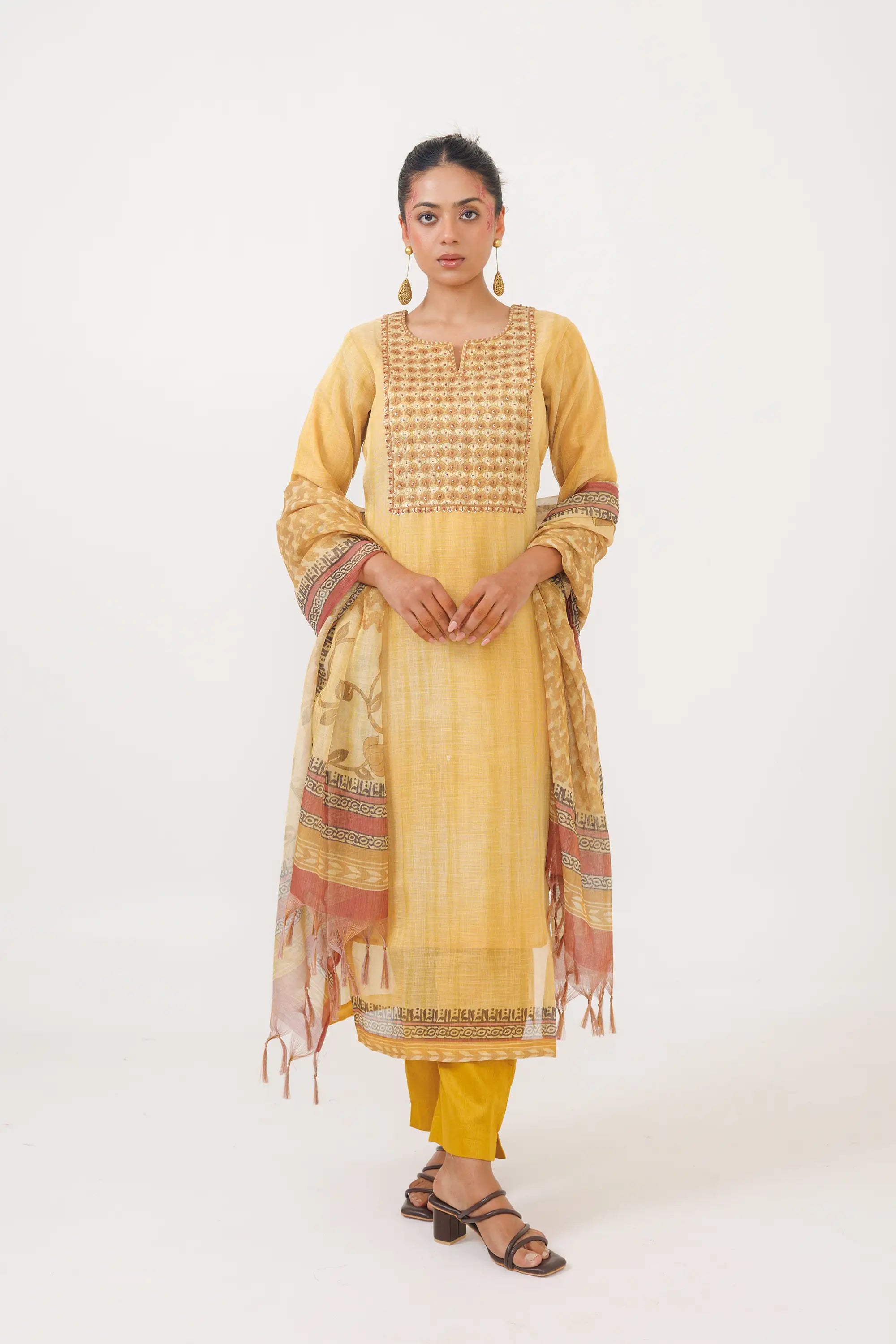 Mustard Yellow Linen Tissue Kurta Suit Set