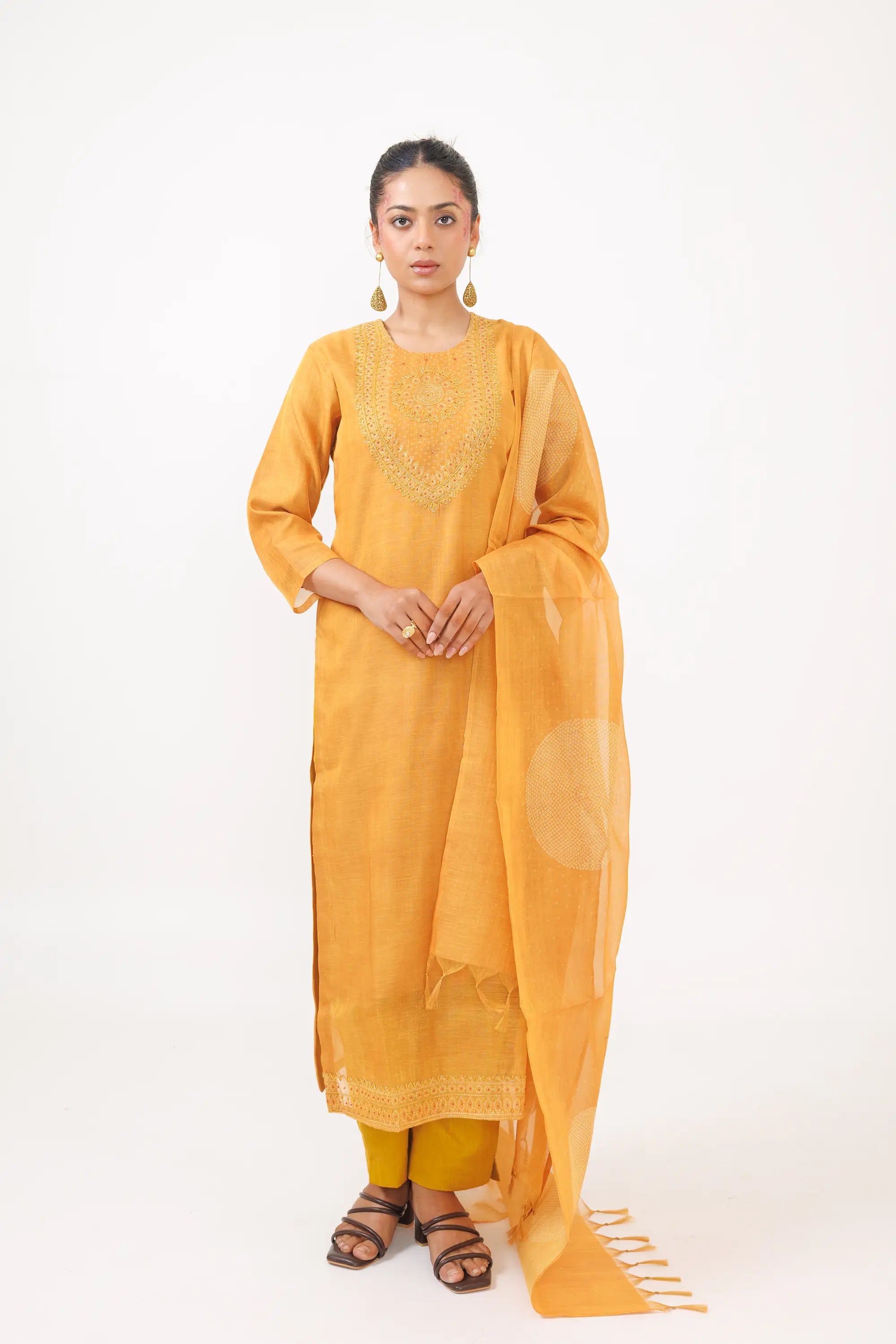 Tangerine Linen Tissue Embroidered Kurta Suit Set