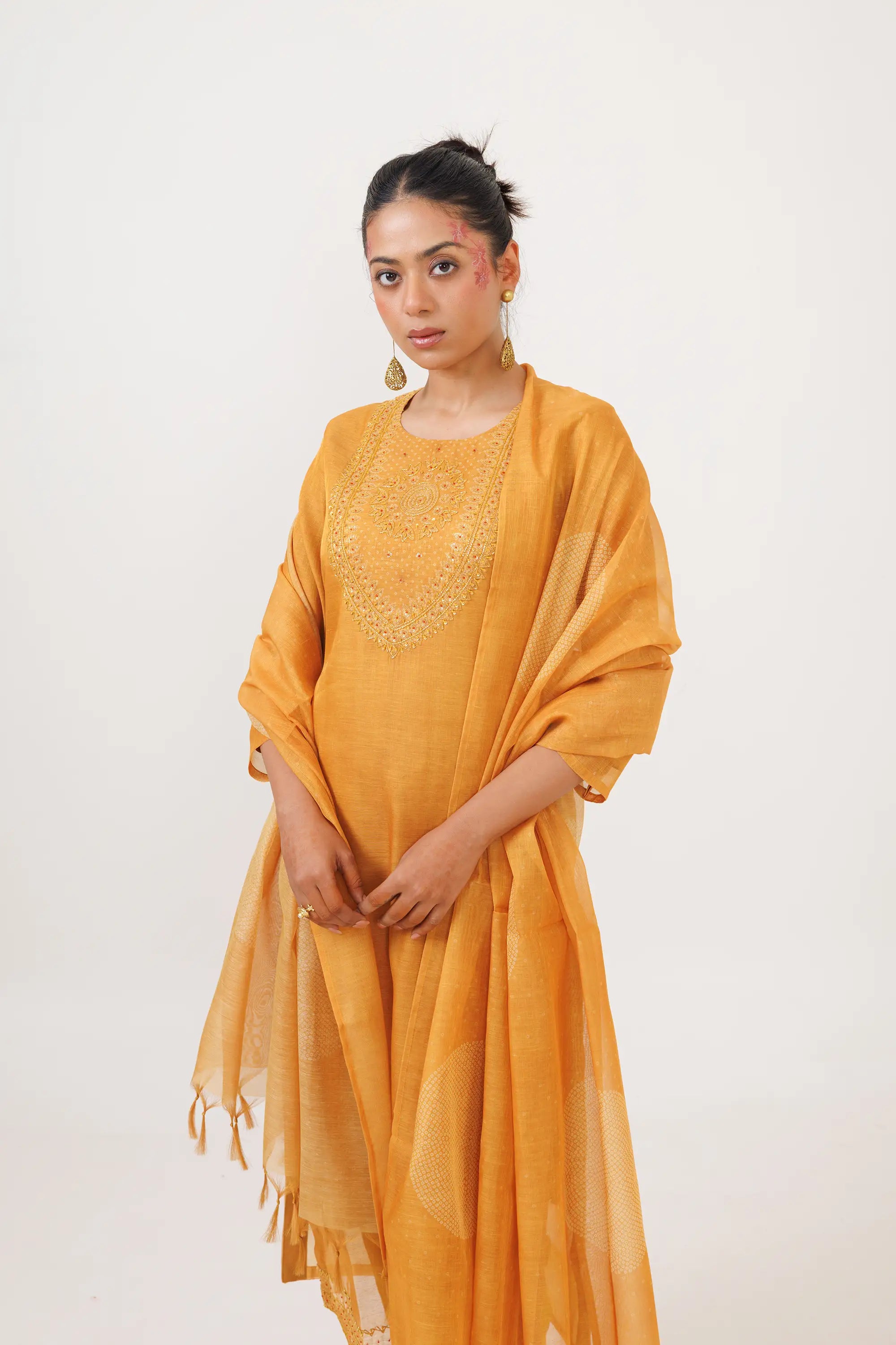 Tangerine Linen Tissue Embroidered Kurta Suit Set