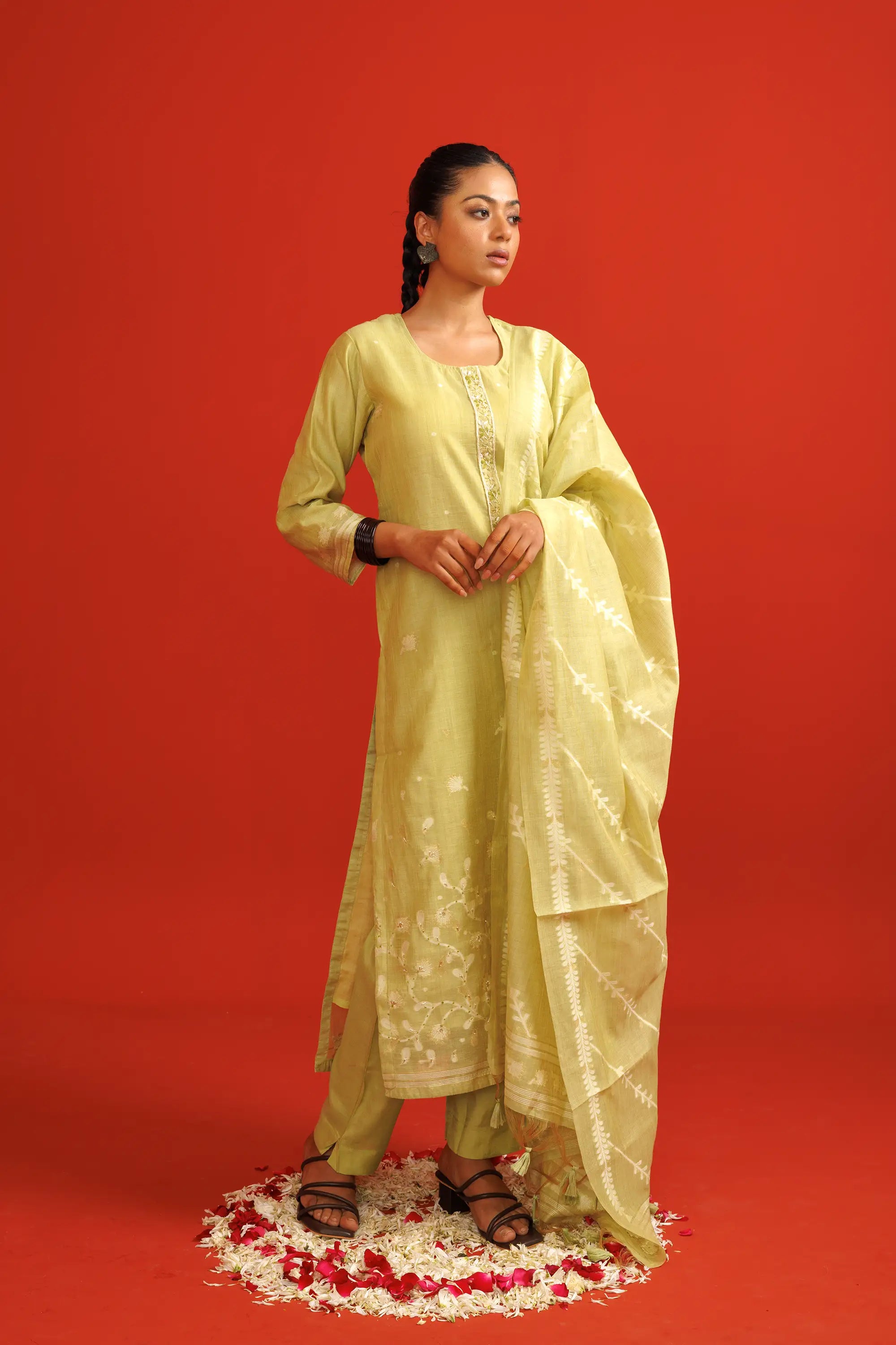 Mehendi Green Jamdani Weave Salwaar Suit Set