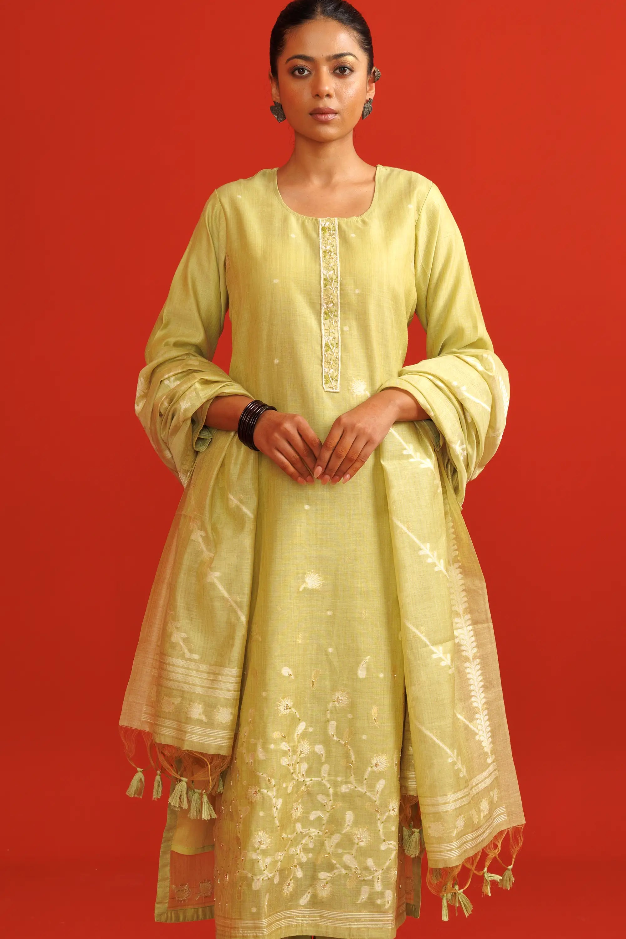 Mehendi Green Jamdani Weave Salwaar Suit Set