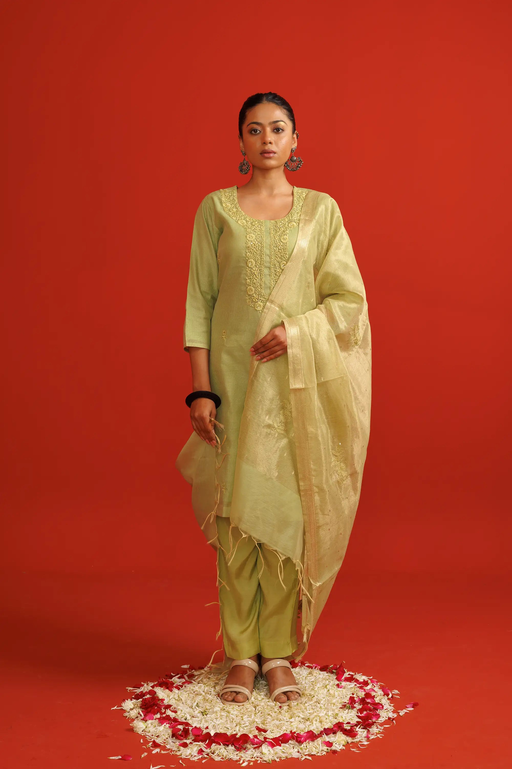 Nyanza Green Silk Chanderi Kurta Suit Set