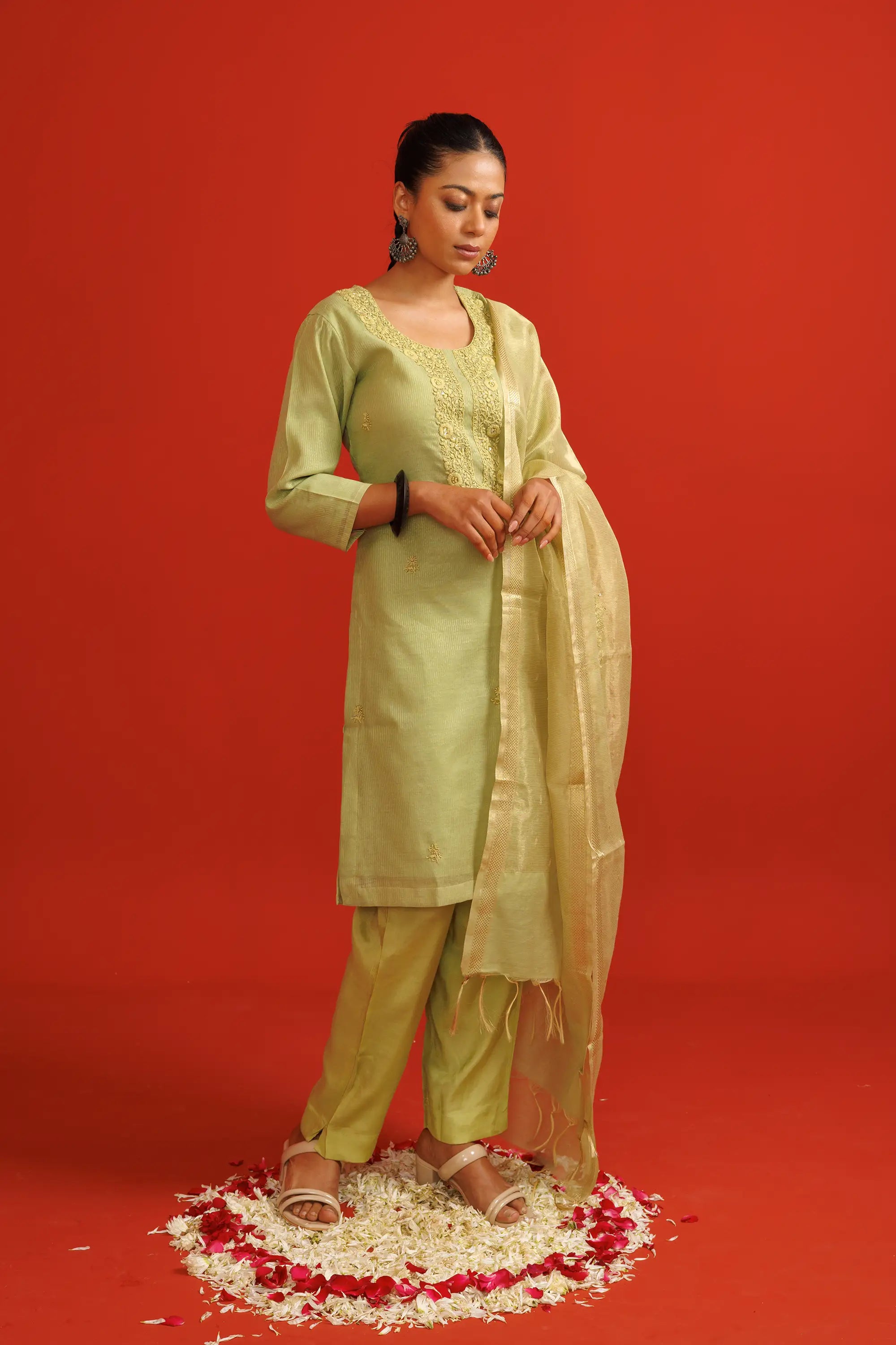 Nyanza Green Silk Chanderi Kurta Suit Set