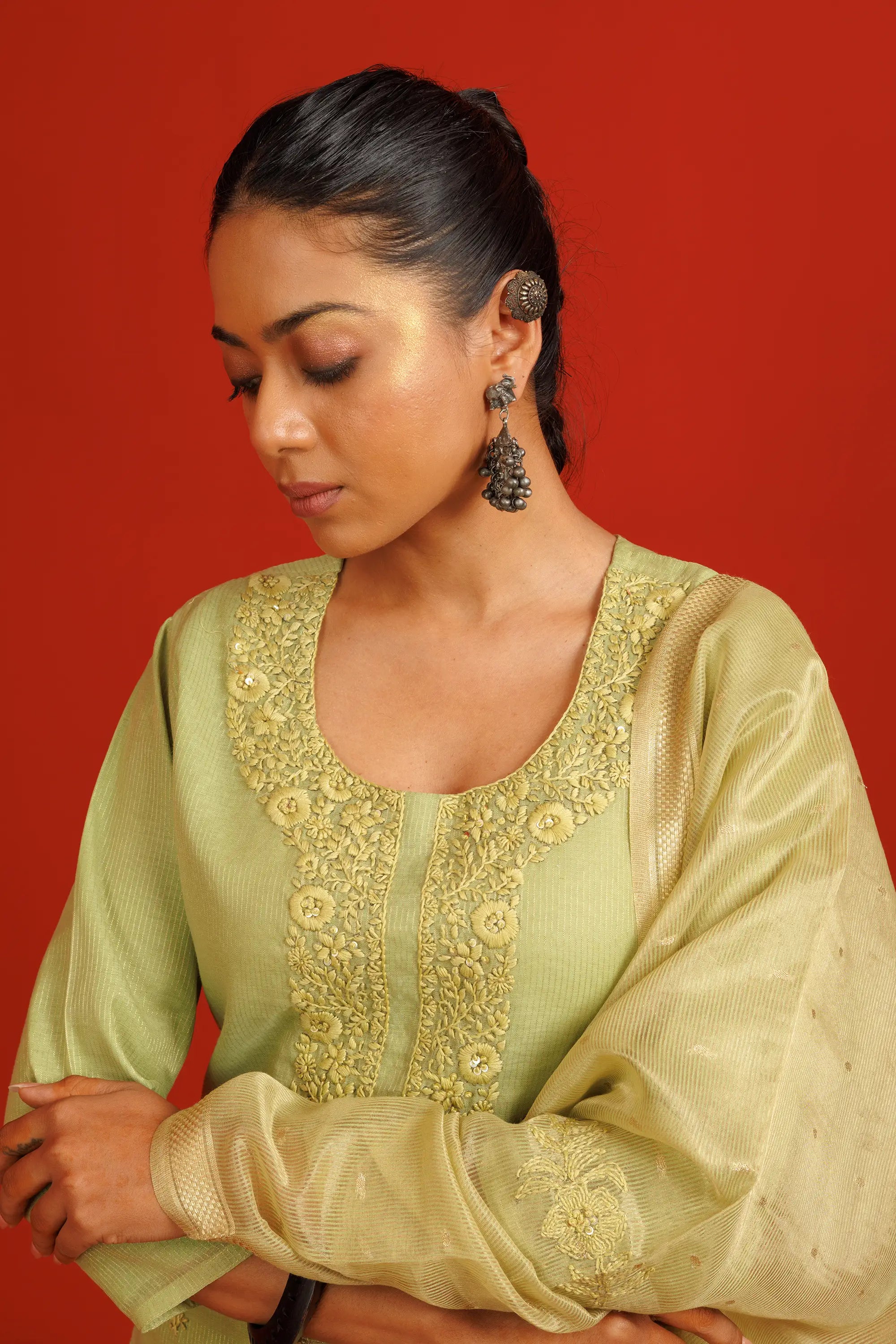 Nyanza Green Silk Chanderi Kurta Suit Set