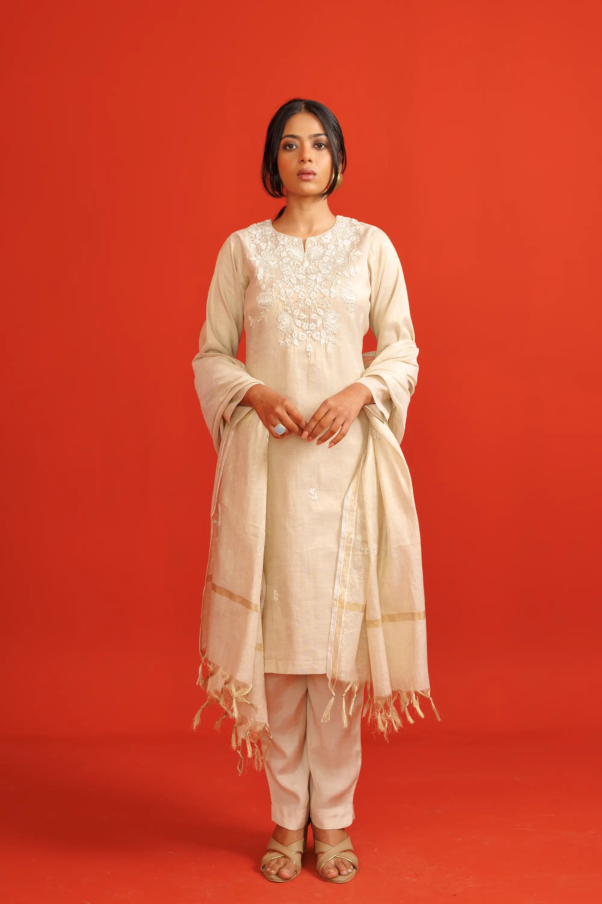 Belle Cream Linen Kurta Suit Set