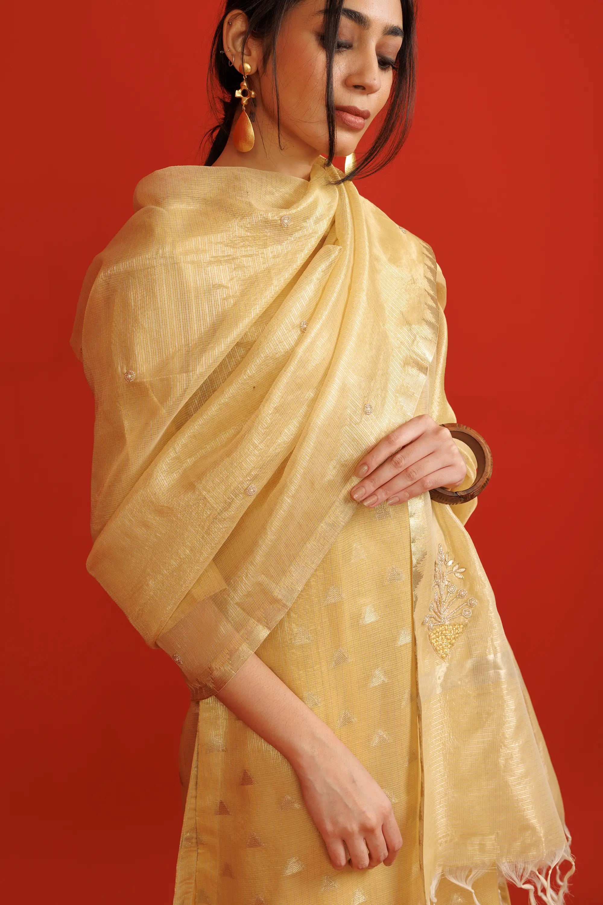 Beige Banarasi Bemberg Silk Salwaar Suit Set with Jacquard Weaving