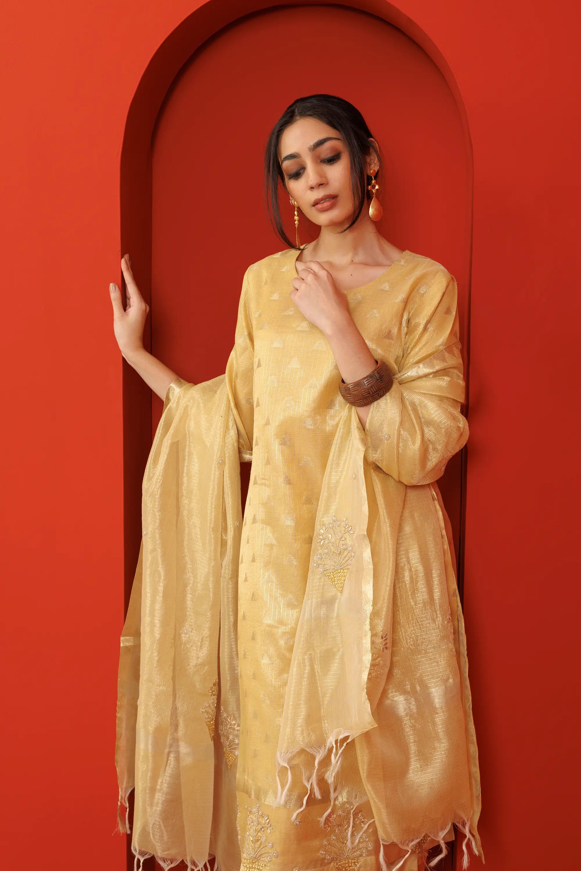 Beige Banarasi Bemberg Silk Salwaar Suit Set with Jacquard Weaving