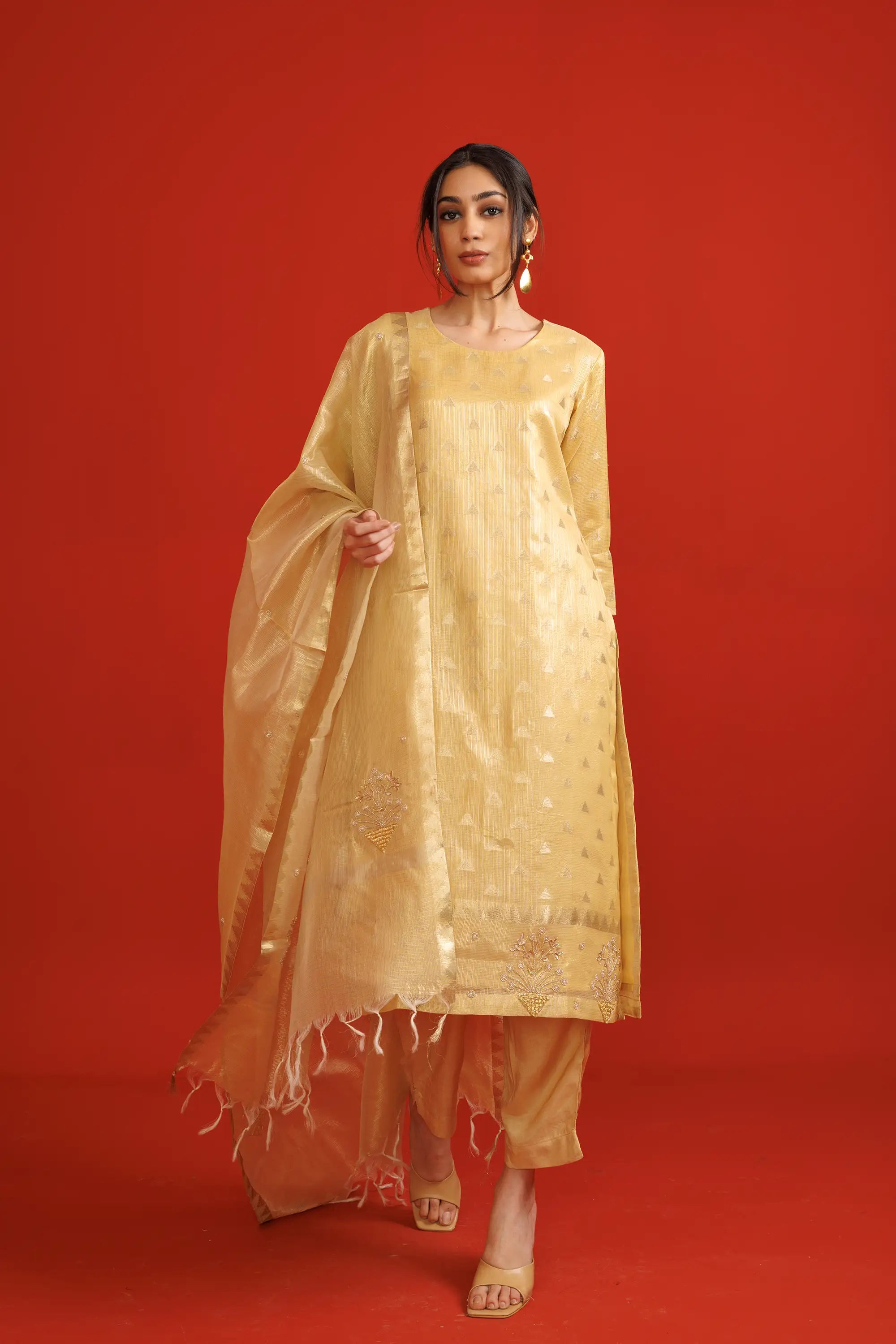 Beige Banarasi Bemberg Silk Salwaar Suit Set with Jacquard Weaving