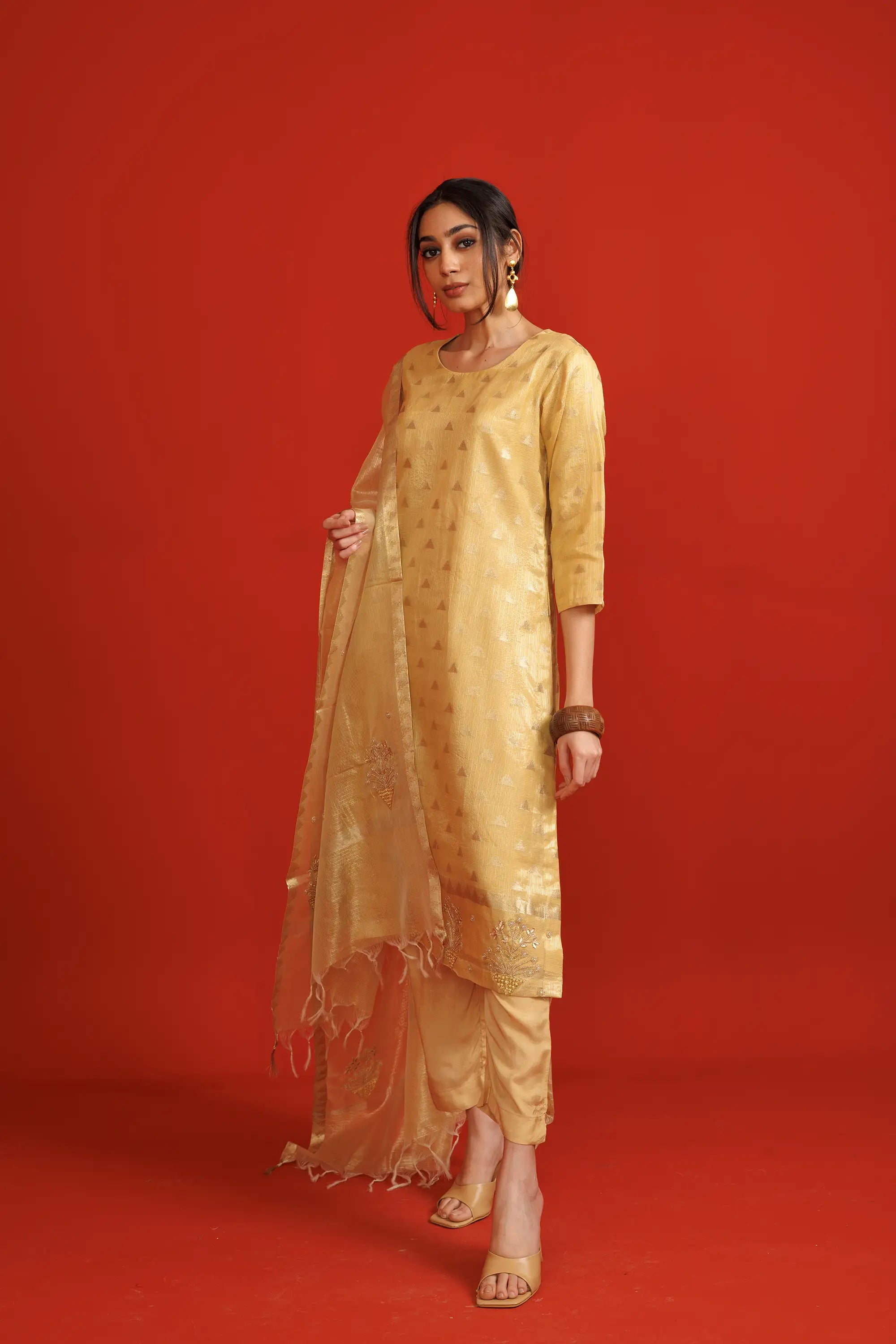 Beige Banarasi Bemberg Silk Salwaar Suit Set with Jacquard Weaving