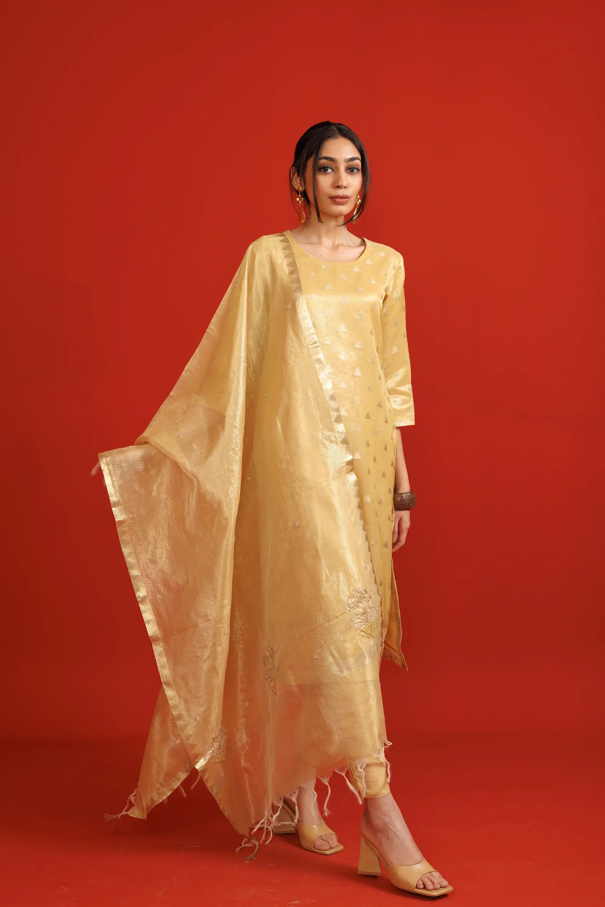 Beige Banarasi Bemberg Silk Salwaar Suit Set with Jacquard Weaving