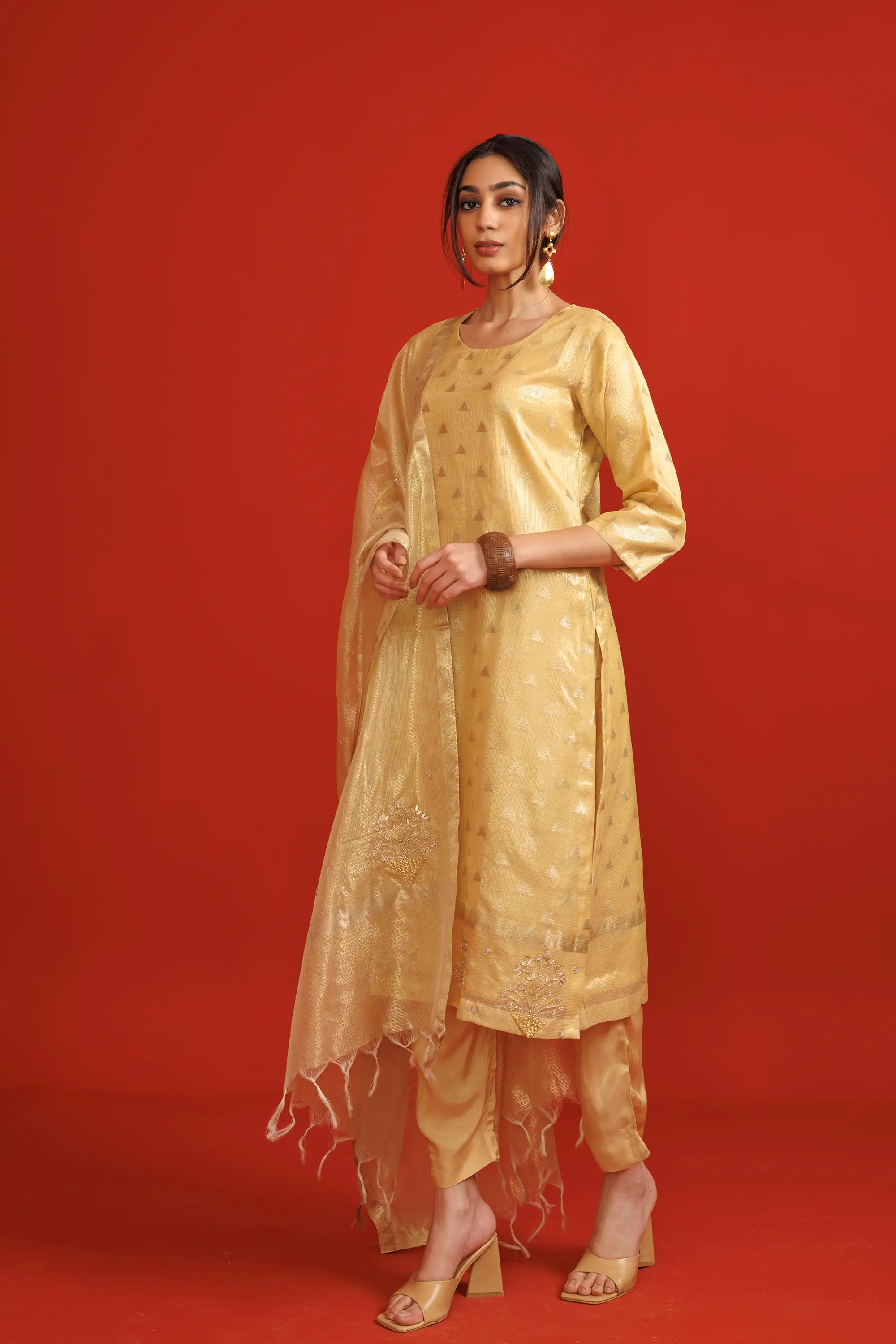 Beige Banarasi Bemberg Silk Salwaar Suit Set with Jacquard Weaving