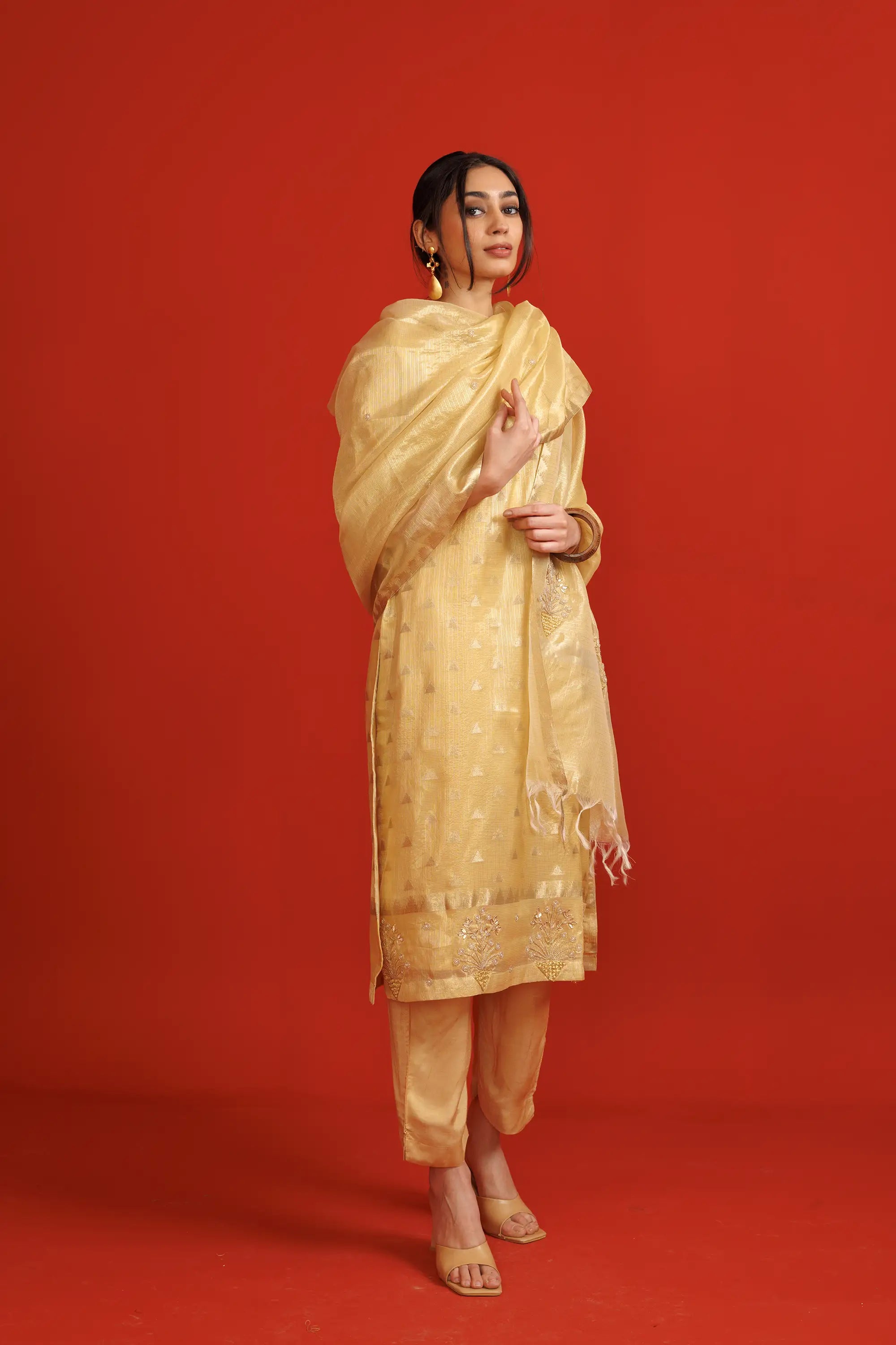 Beige Banarasi Bemberg Silk Salwaar Suit Set with Jacquard Weaving