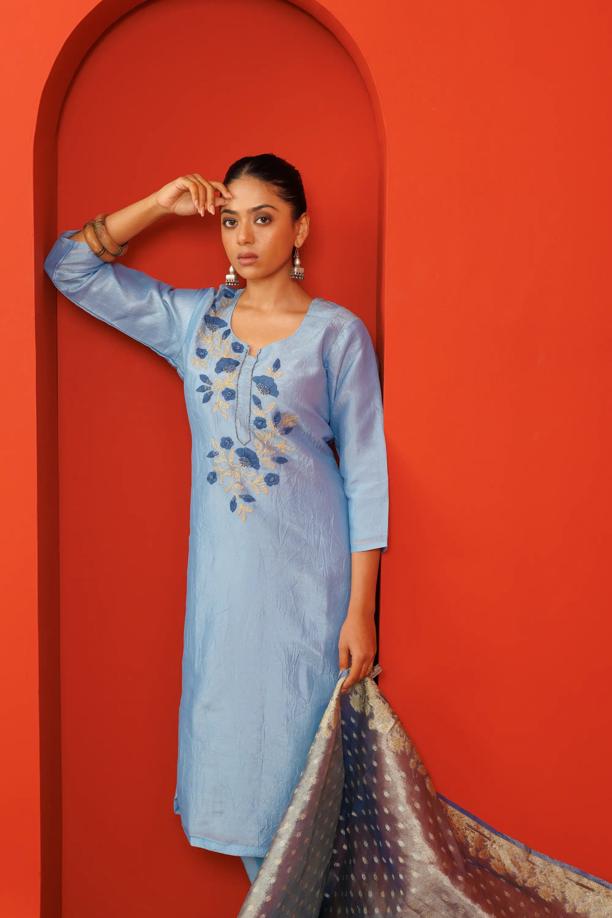 Steel Blue Crush Tissue Kurta Suit Set