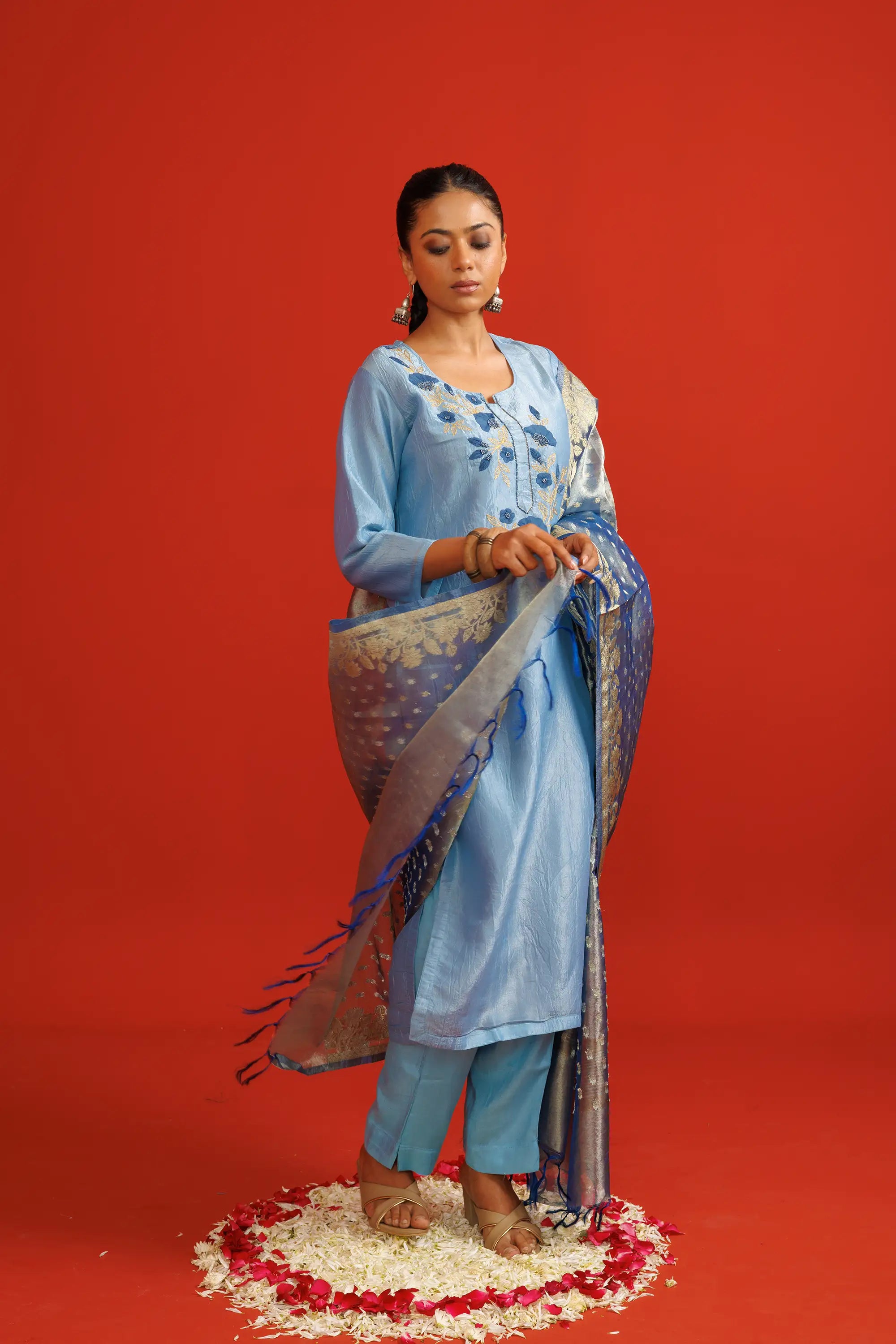 Steel Blue Crush Tissue Kurta Suit Set