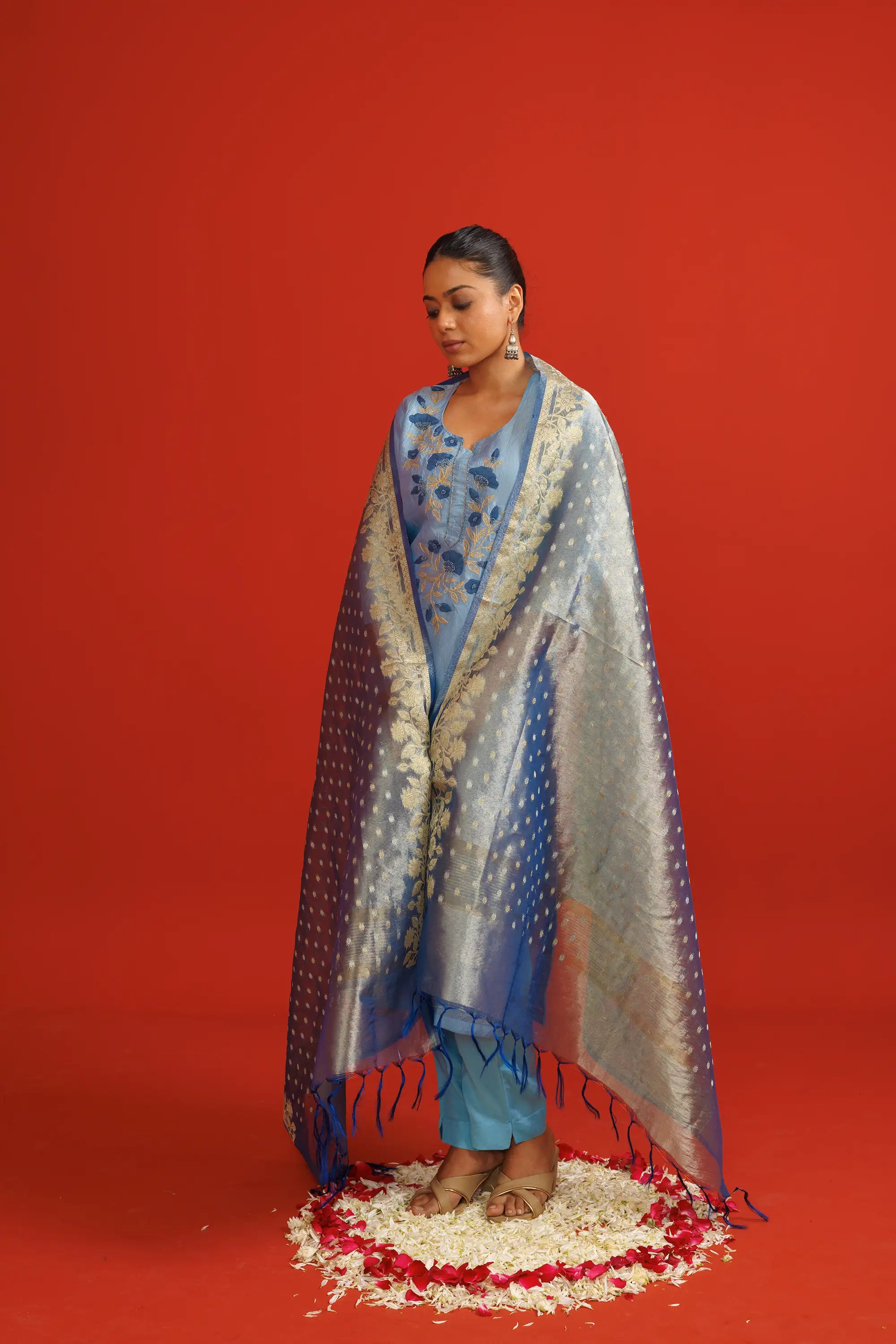 Steel Blue Crush Tissue Kurta Suit Set