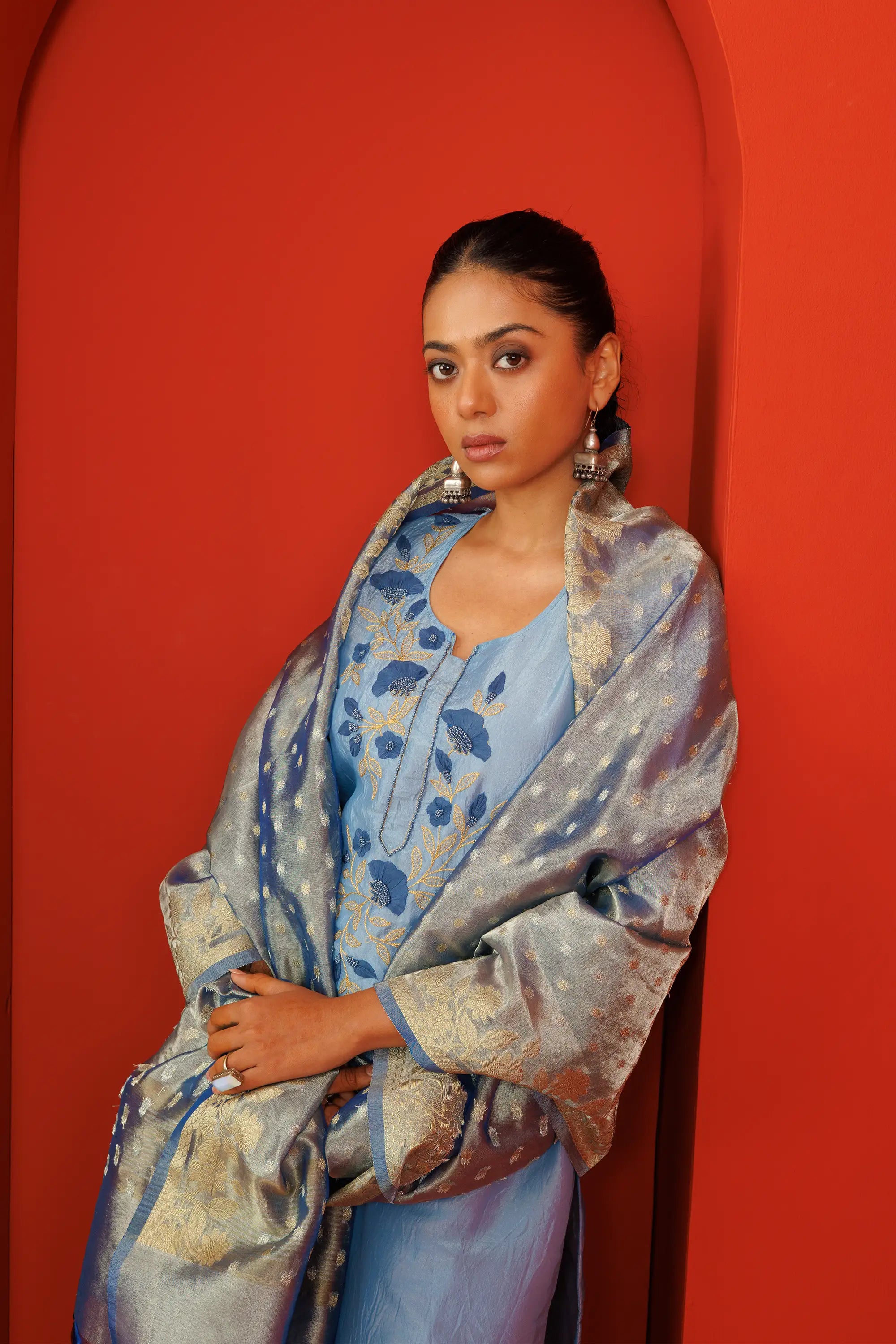 Steel Blue Crush Tissue Kurta Suit Set