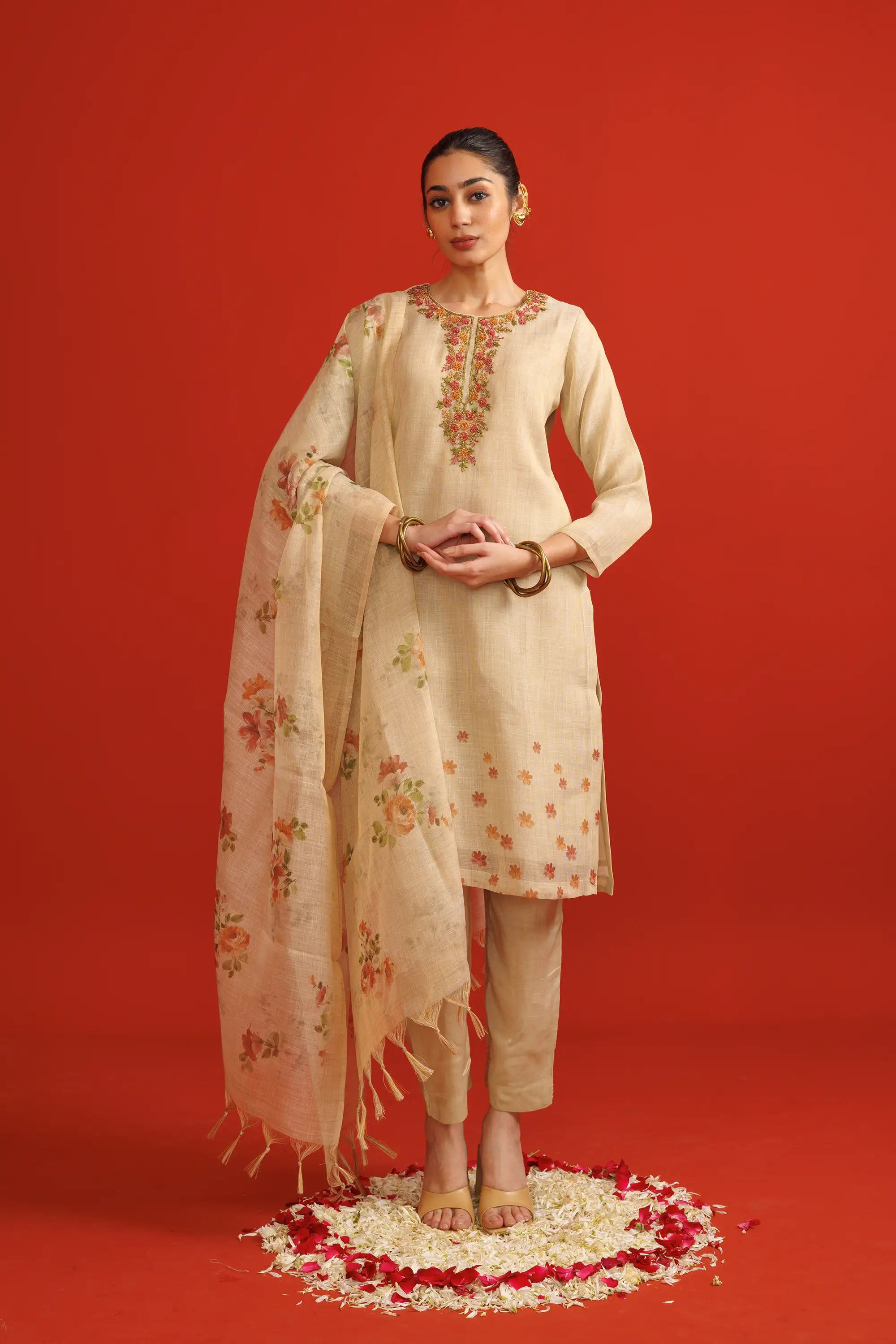 Beige Linen Tissue Kurta Suit Set with Thread Work Detailing