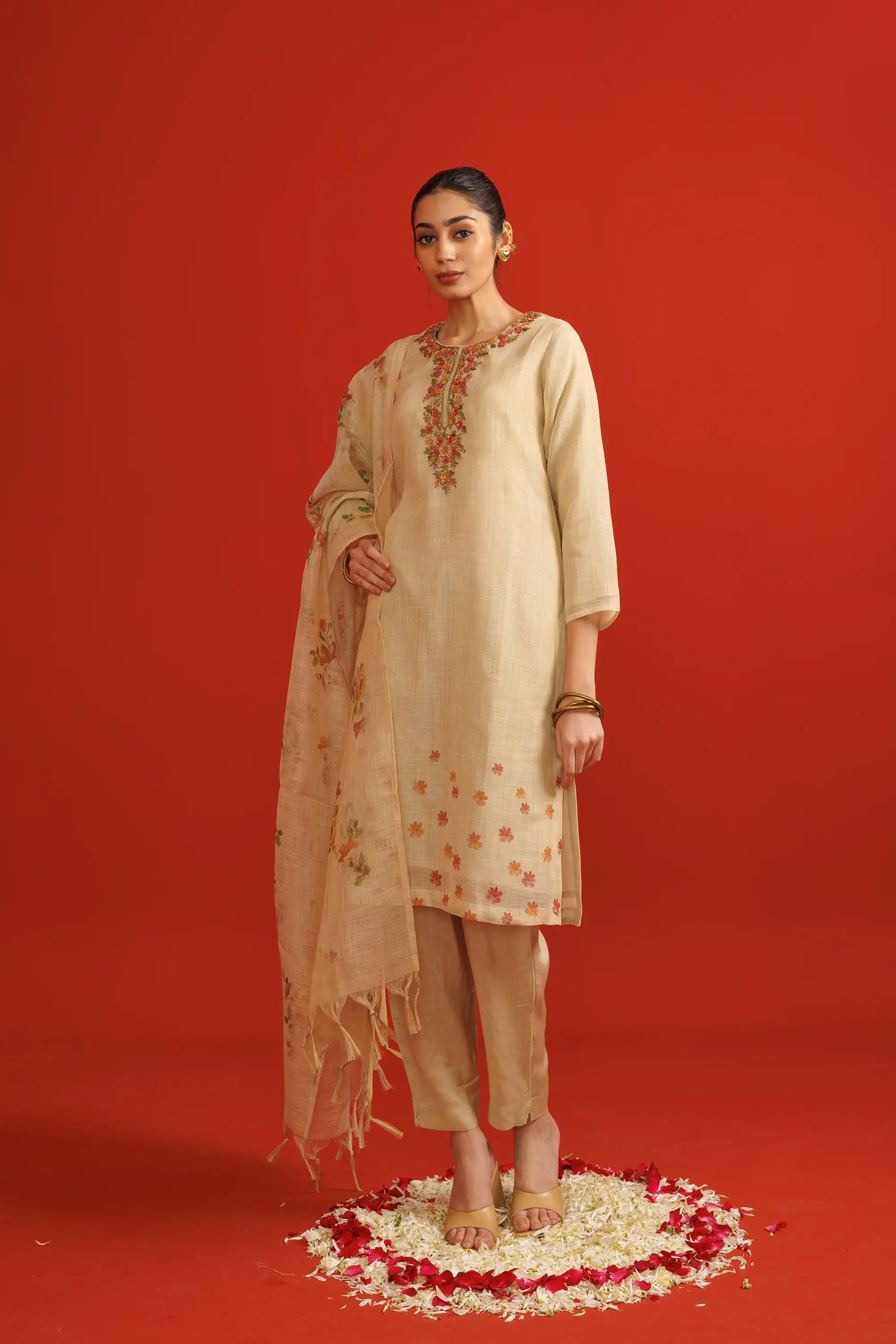 Beige Linen Tissue Kurta Suit Set with Thread Work Detailing