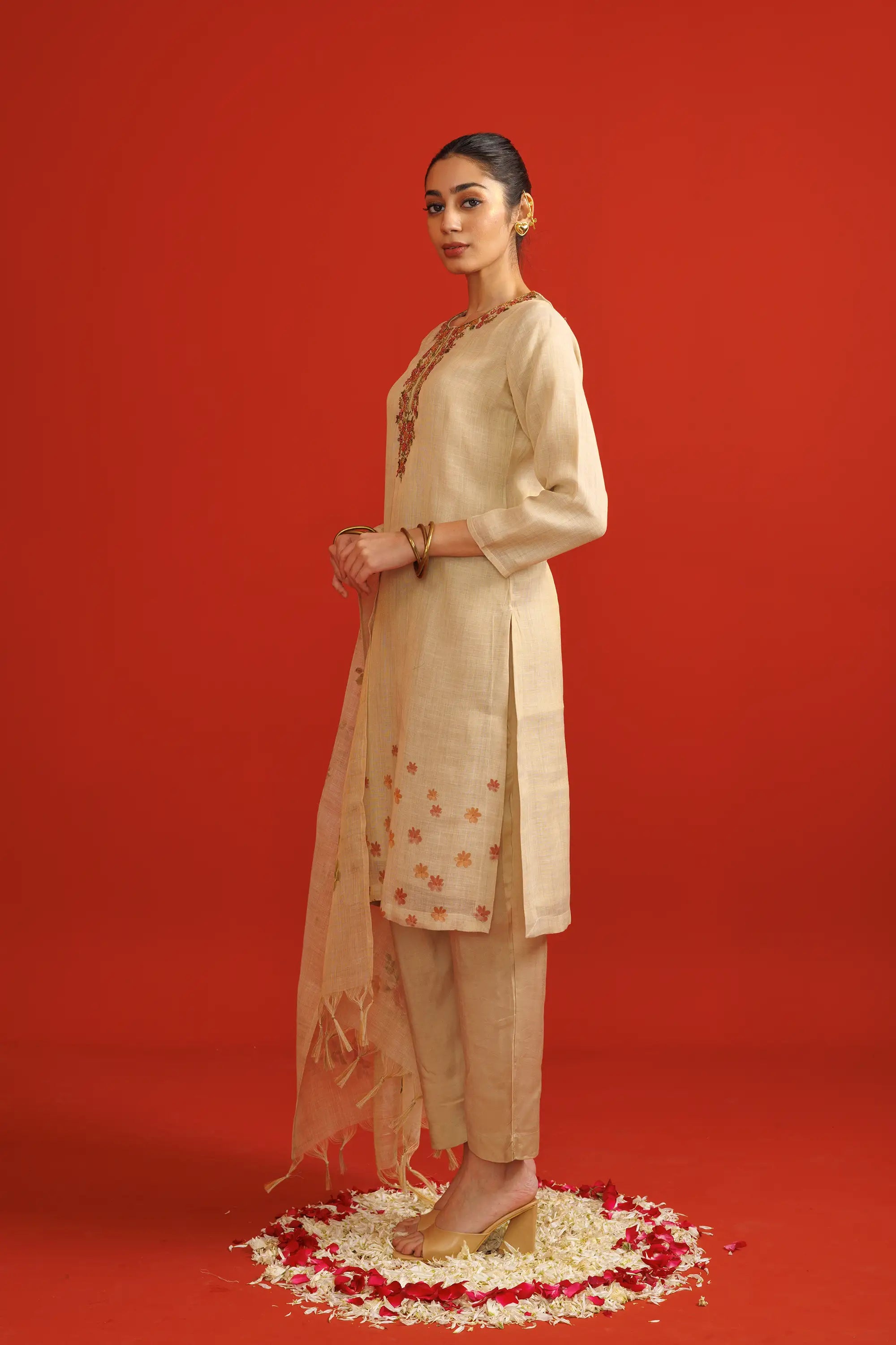 Beige Linen Tissue Kurta Suit Set with Thread Work Detailing