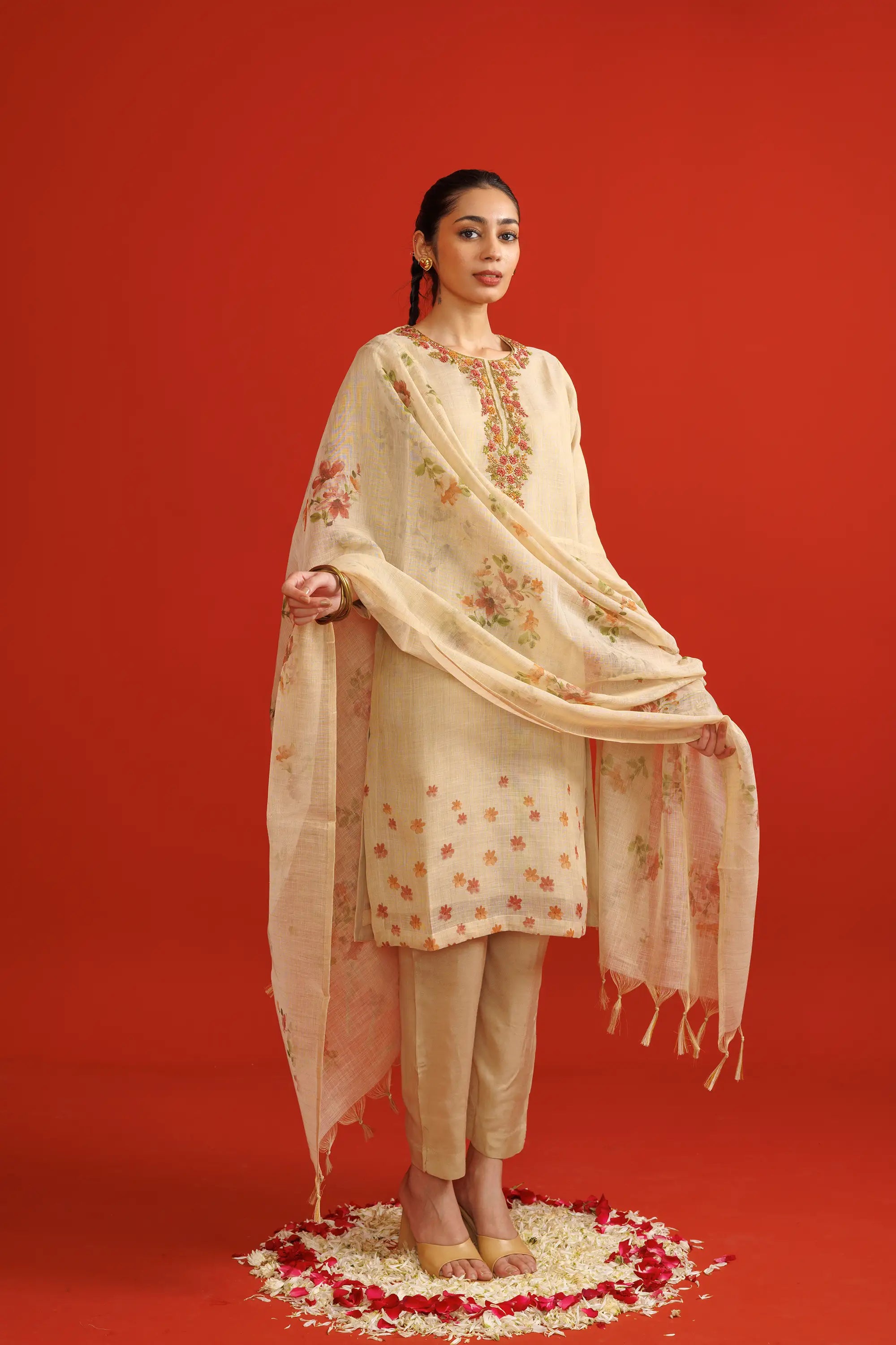 Beige Linen Tissue Kurta Suit Set with Thread Work Detailing