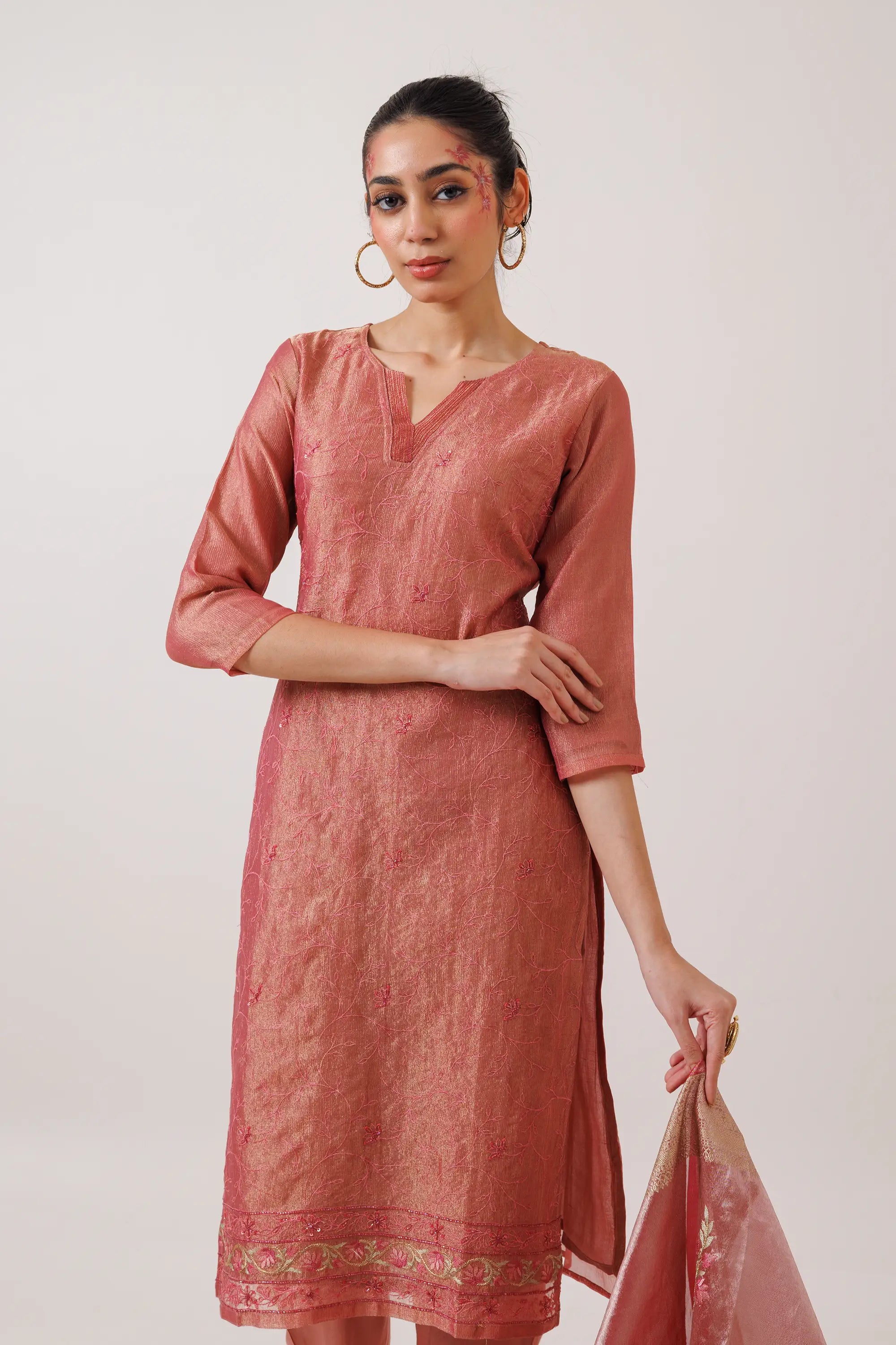 Rouge Pink Crush Tisse Kurta Suit Set