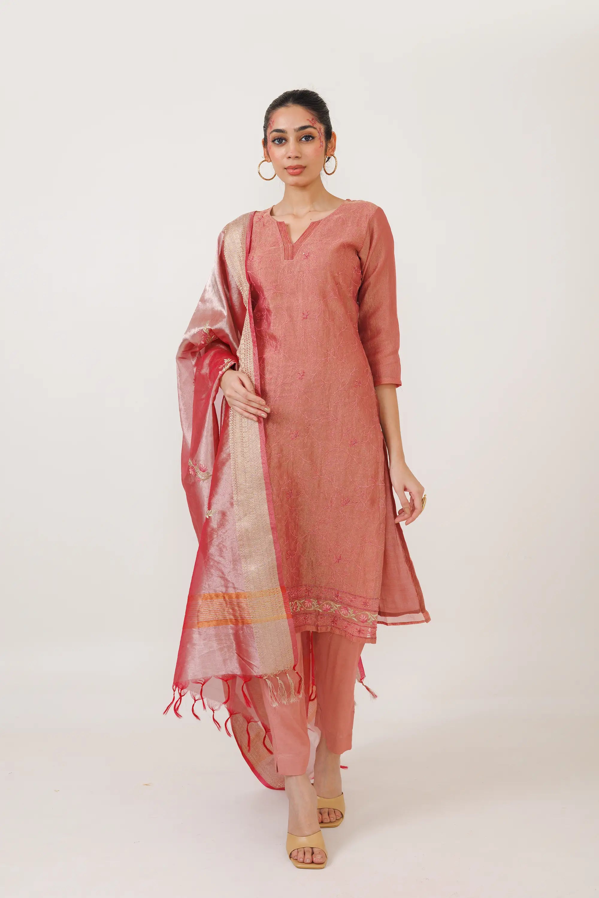 Rouge Pink Crush Tisse Kurta Suit Set