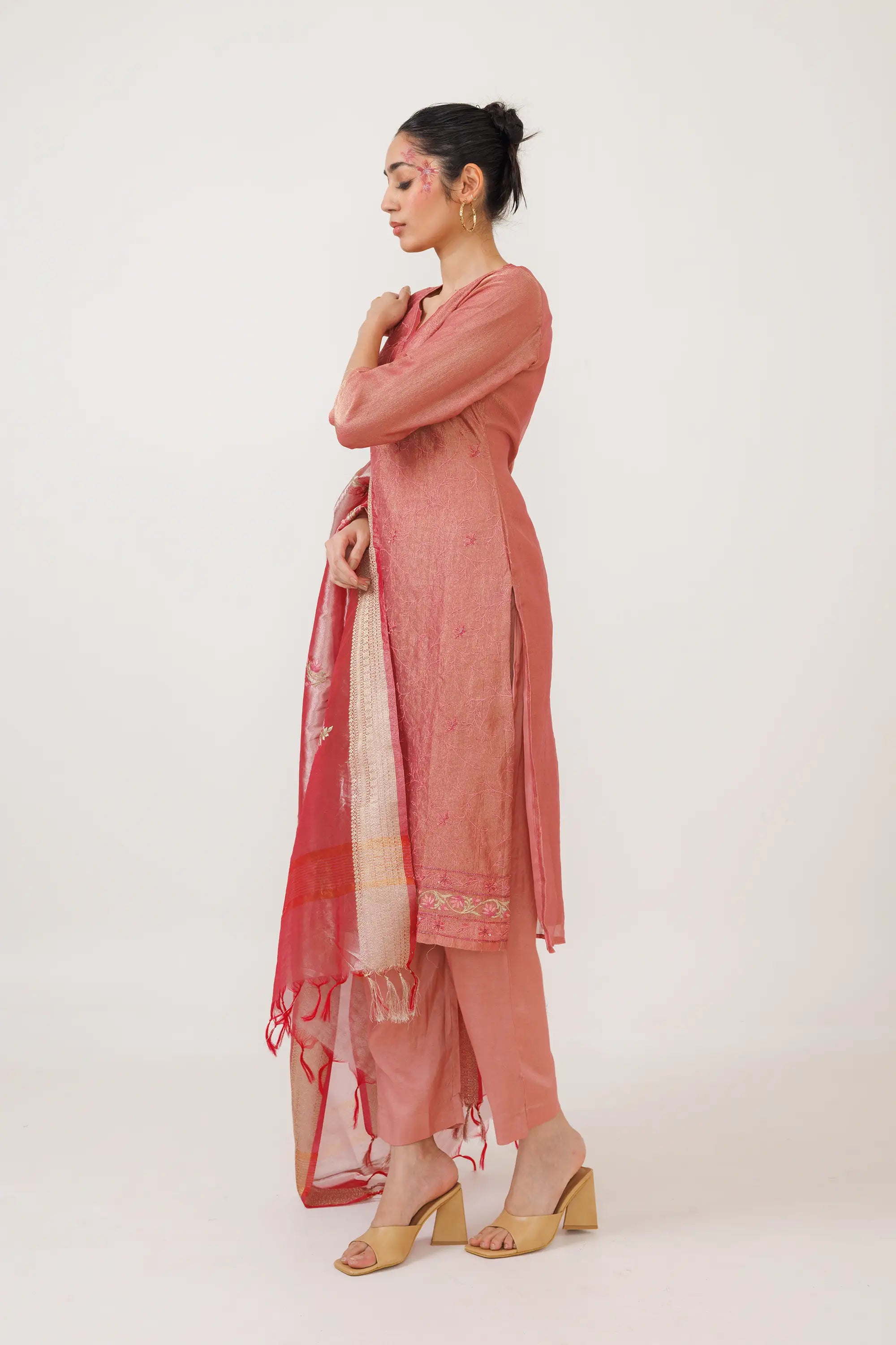 Rouge Pink Crush Tisse Kurta Suit Set